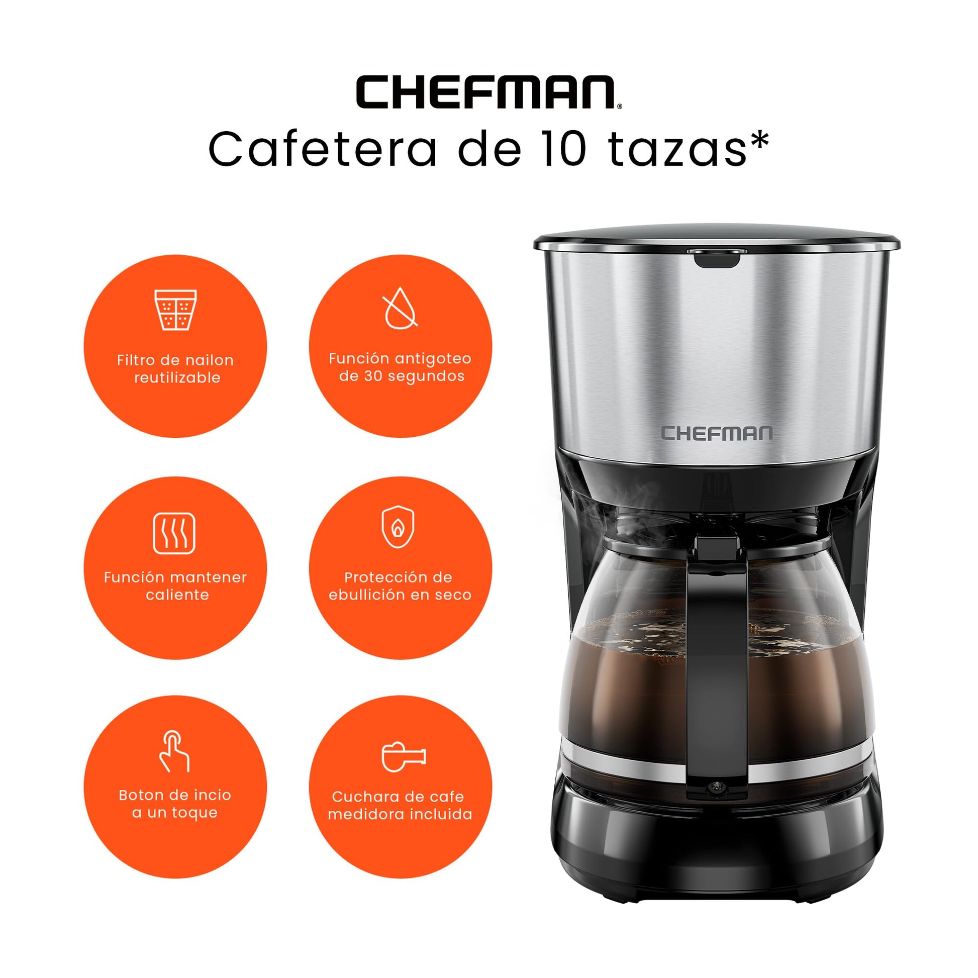 Cafetera Eléctrica Chefman Acero Inoxidable Olla Antigoteo Jarra de Vidrio 1L Filtro Reutilizable