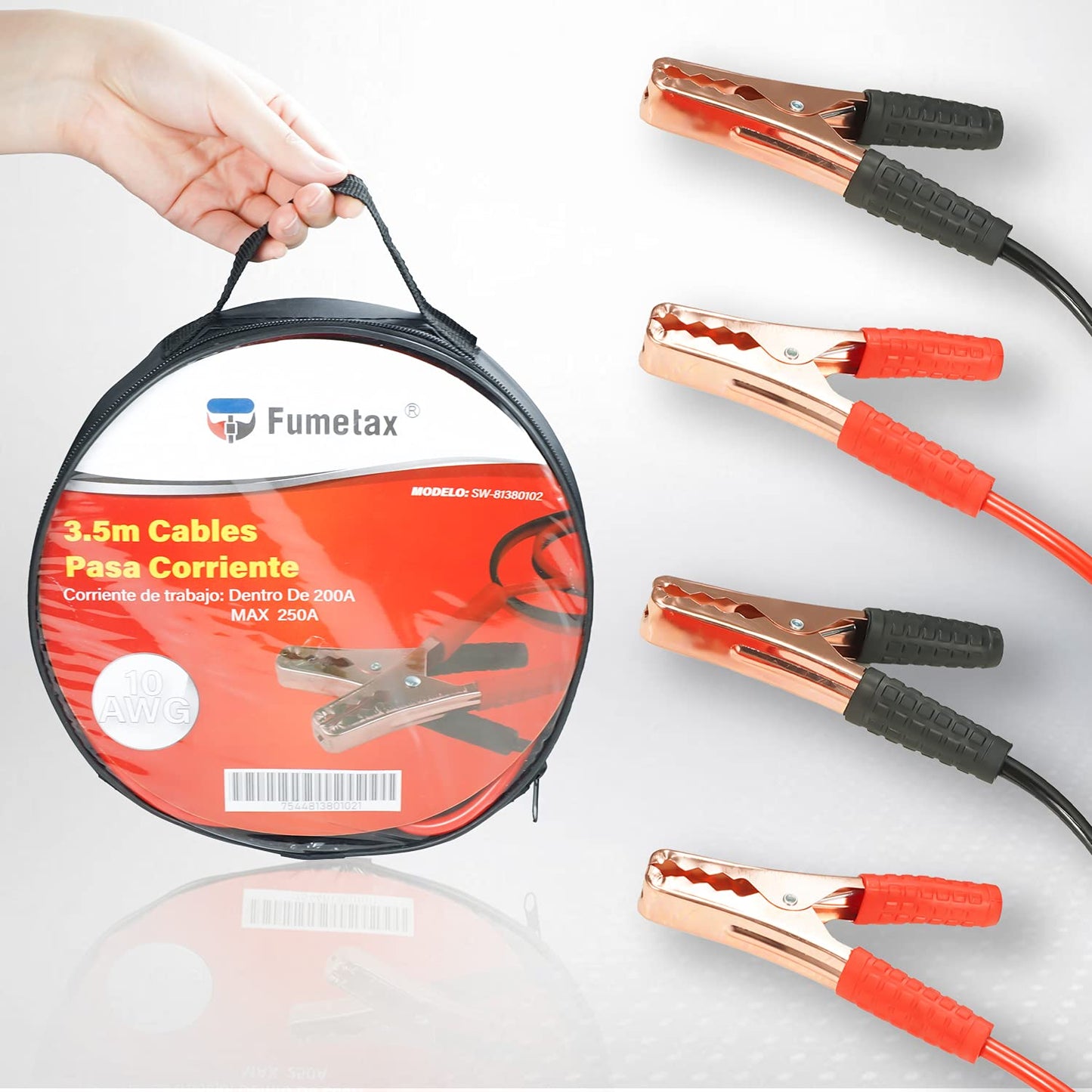 FUMETAX Cables pasa Corriente Cable de Puente para Batería Calibre 10 x 3.5m con Bolsa de Transporte (10 AWG x 3.5m), SW-81380102