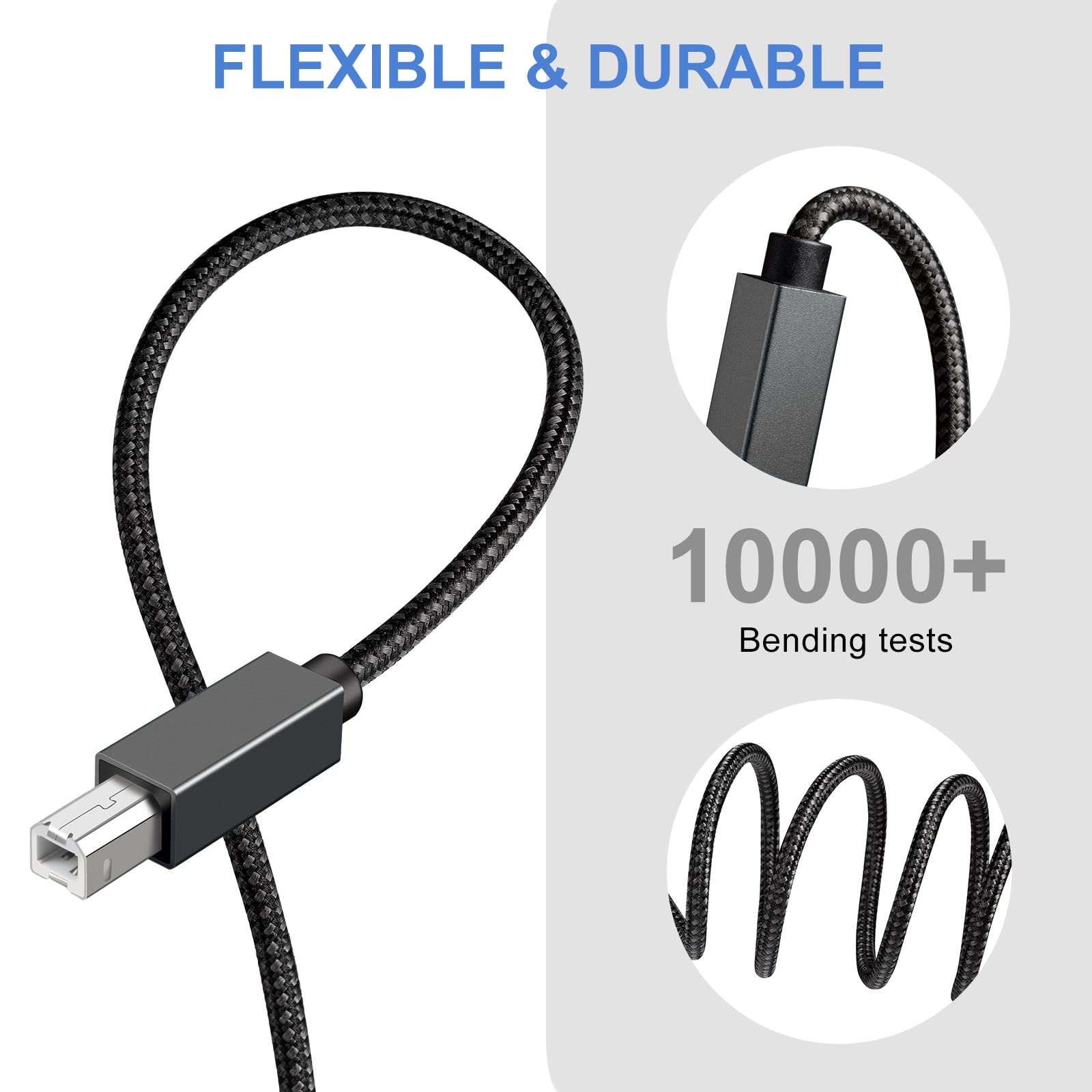 JESWO Cable Impresora, 2M Cable USB 2.0 Tipo A a Tipo B, Cable USB a B de Nylon para Connectar Impresora HP, Epson, Canon, Brother, Lexmark, Escáner, Disco Duro, Fotografía Digital