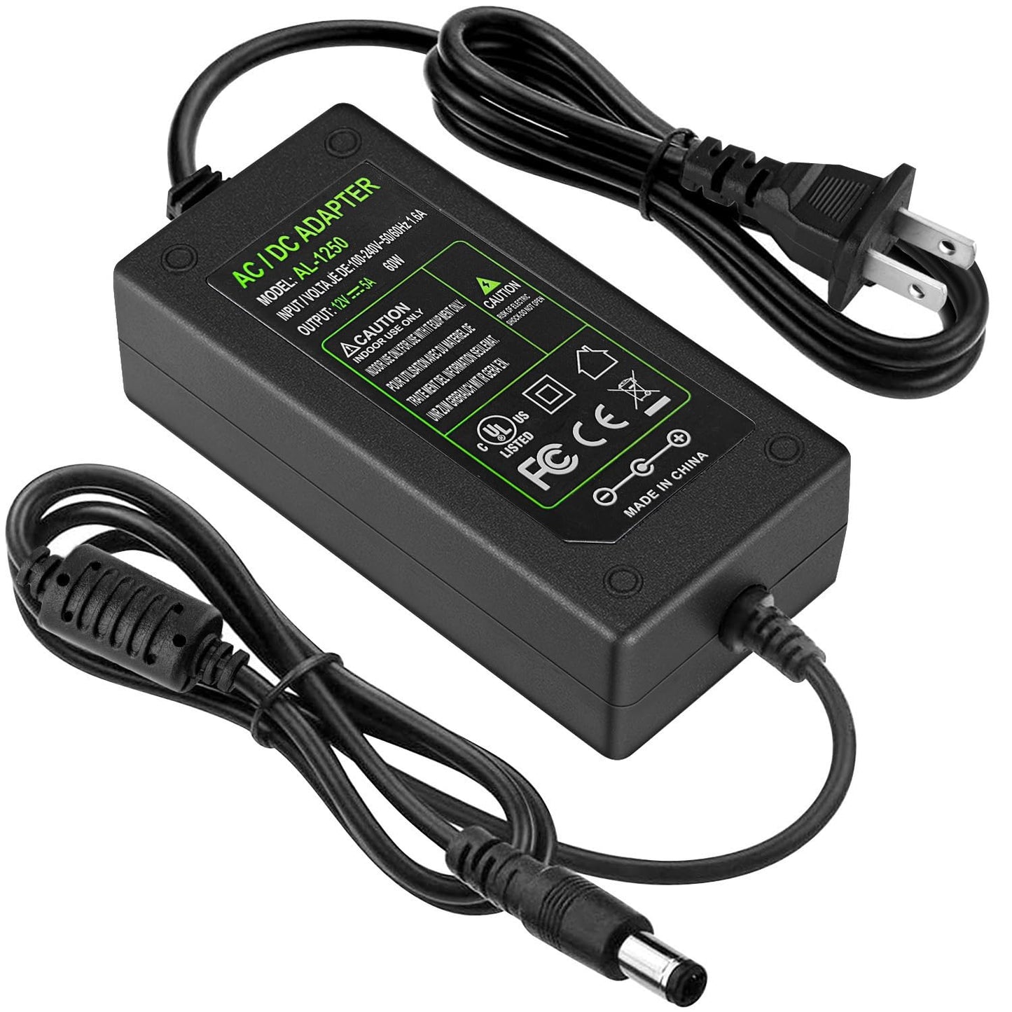 DC 12V 5A Power Supply Adapter, US Plug, 4.6FT Power Code, AC 100-240V to DC 12V 5A Switching Transformer Jack 5.5mm x 2.5mm for LED Strip, Light, Cameras CCTV