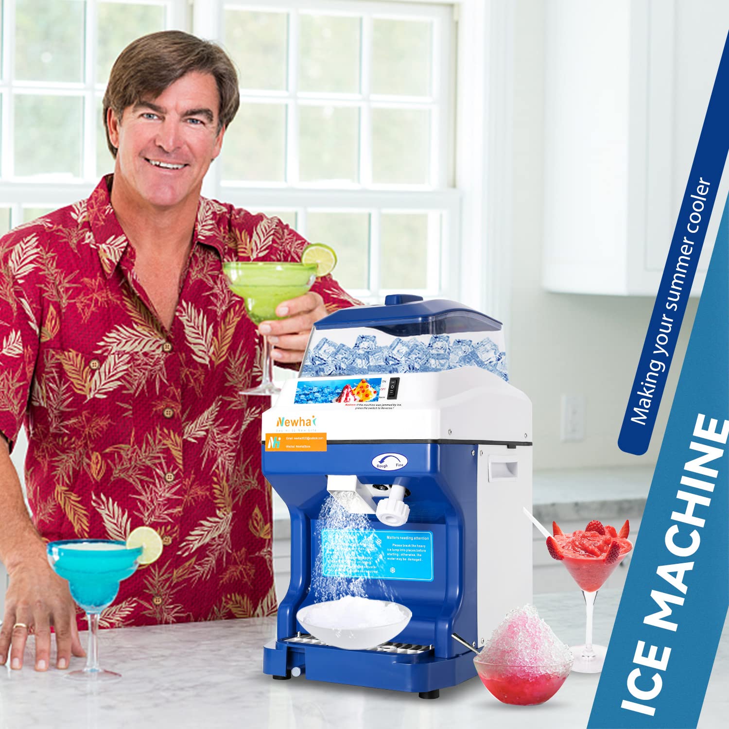 Newhai Máquina de afeitar de hielo comercial trituradora de hielo eléctrica afeitada de 300 W, máquina automática de cono de nieve de 1400 rpm, grosor ajustable, máquina de afeitar de hielo de 444 libras/H