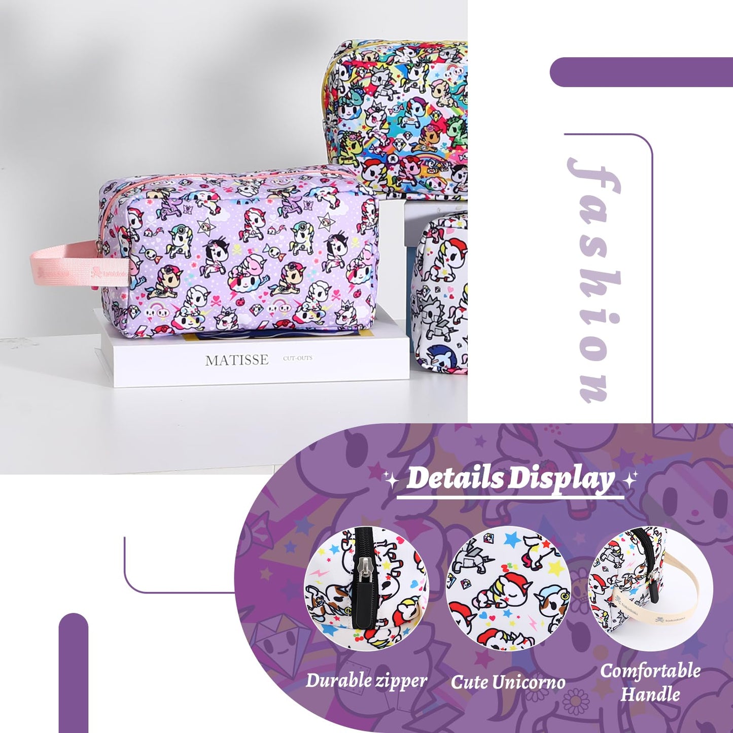 Tokidoki Unicorno Bolsa de maquillaje de viaje para mujer, bonita bolsa de cosméticos de gran capacidad, bolsa de artículos de cambiador portátil de dibujos animados para viajes, trabajo, oficina