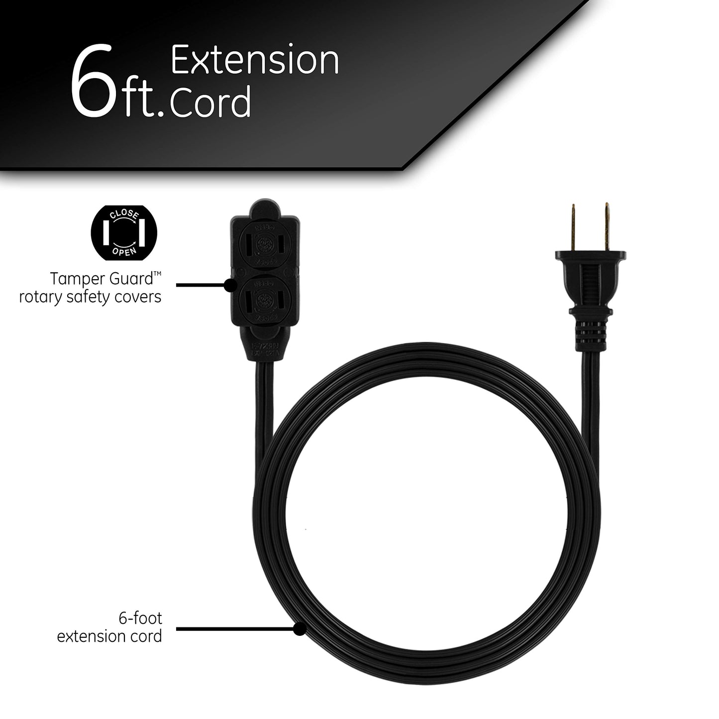 GE 45148 - Cable de extensión de 3 tomacorrientes con múltiples tomacorrientes de 6 pies, 2 clavijas, calibre 16, fundas de seguridad de giro para cerrar, extensor para interiores con certificación UL