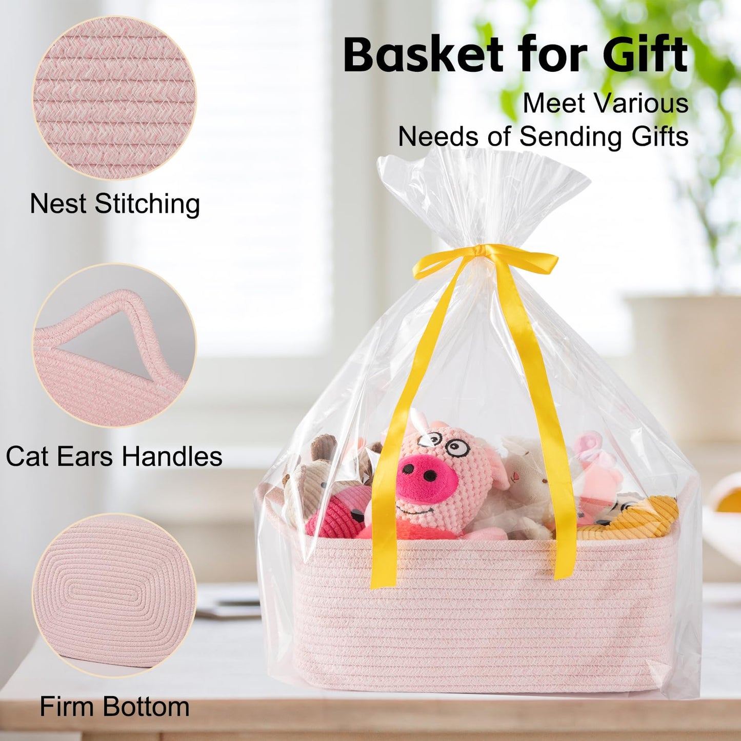 OIAHOMY - Bonita cesta tejida con bolsas de regalo y cintas, cesta de regalo vacía para baby shower, cumpleaños, cuarto de bebé con asas para sala de estar, contenedores de juguetes para mascotas para
