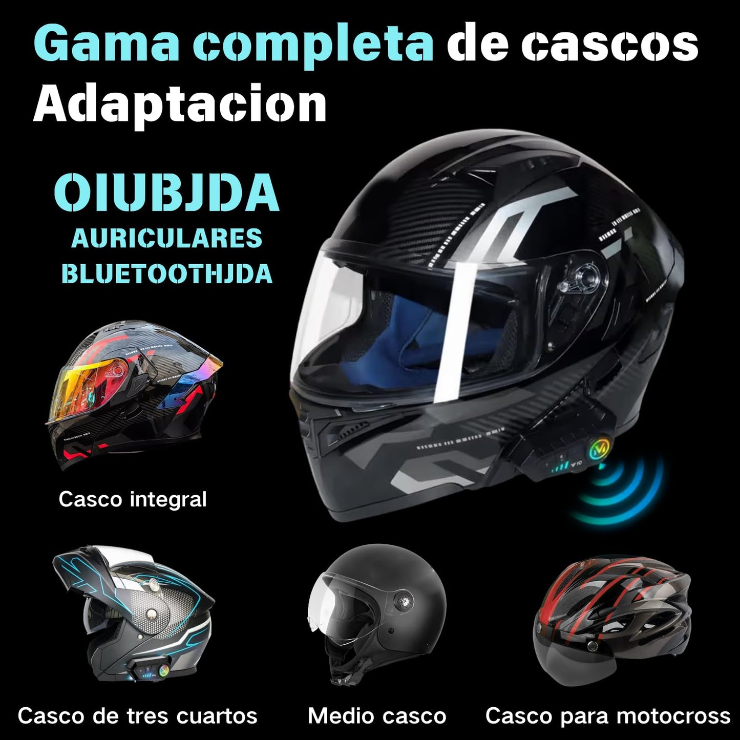 OIUBJDA Intercomunicador para Casco, Accesorios para Moto cascoImpermeable, Cancelación de Ruido Auriculares 5.3 Bluetooth para Motocicleta, micrófono Incorporado, Cable de cargadu, racion 32h, Siri