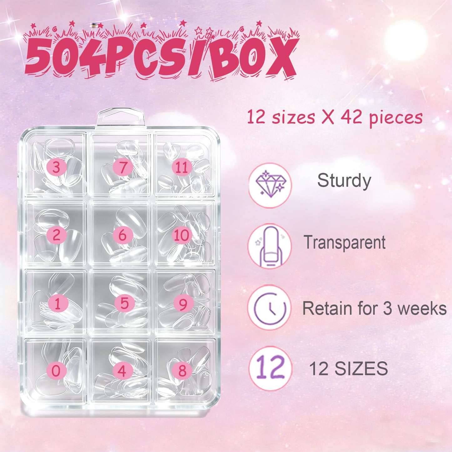 OPkssnails Uñas postizas extracortas almendradas para niños, 504 uñas de gel suave preformadas, uñas postizas acrílicas transparentes semimate de cobertura completa para extensiones de bricolaje y uso