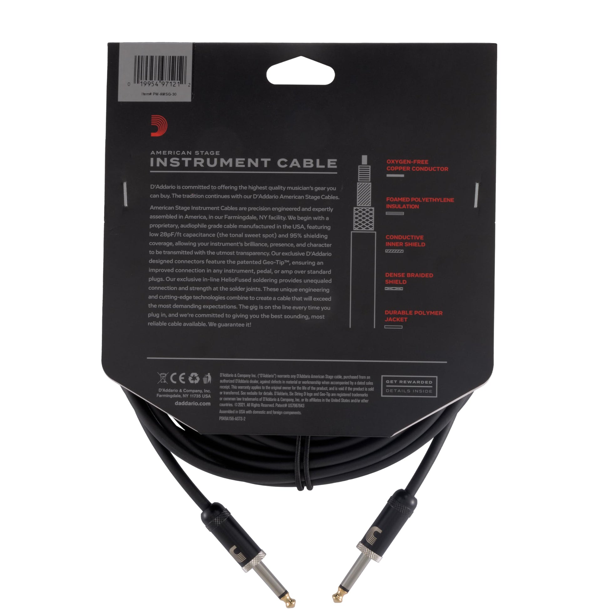 Cable de guitarra D'Addario American Stage, cable de instrumento con conectores de 1/4", extremo recto, 10 metros