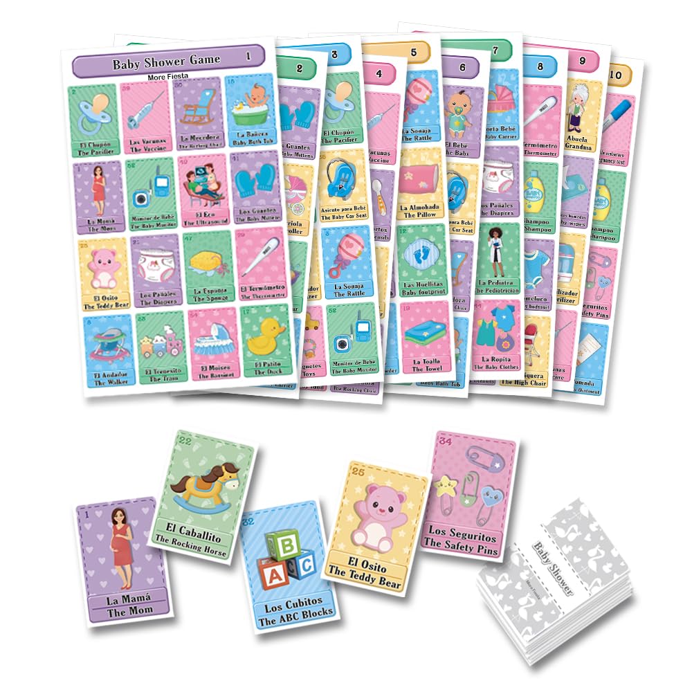 Juego de Lotería More Fiesta Bilingüe Español Inglés para Baby Shower