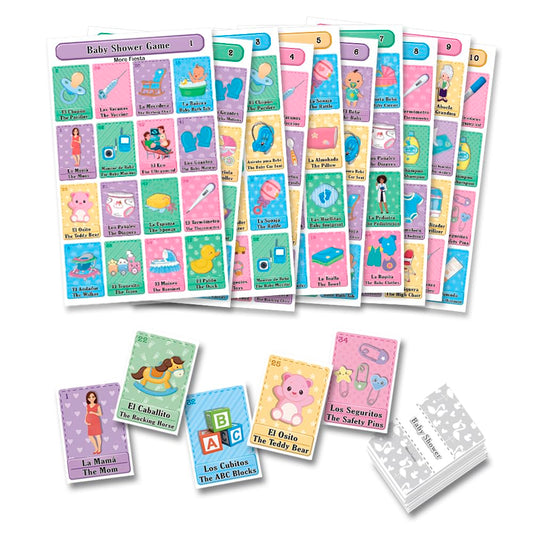 Juego de Lotería More Fiesta Bilingüe Español Inglés para Baby Shower