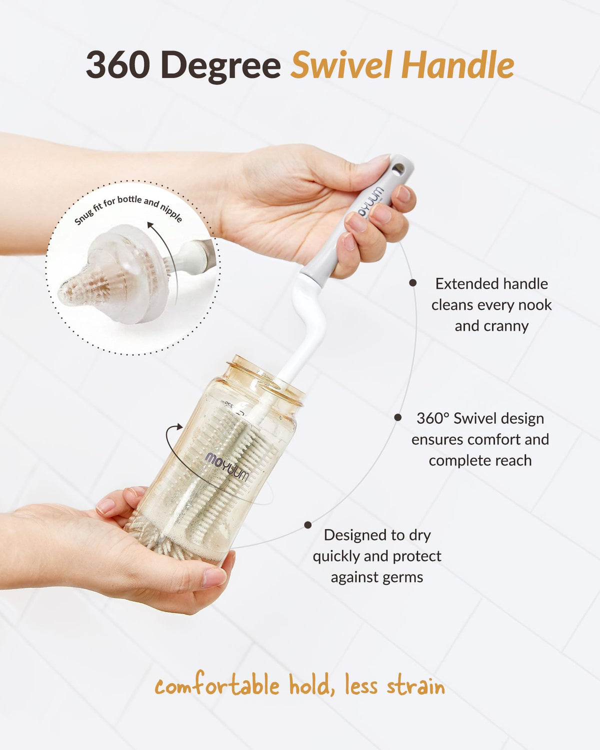 Moyuum - Juego de cepillos de silicona para biberones y pezones, fabricado en Corea, mango giratorio de 360 grados, cerdas suaves, agujero para colgar para secado y almacenamiento rápido, apto para