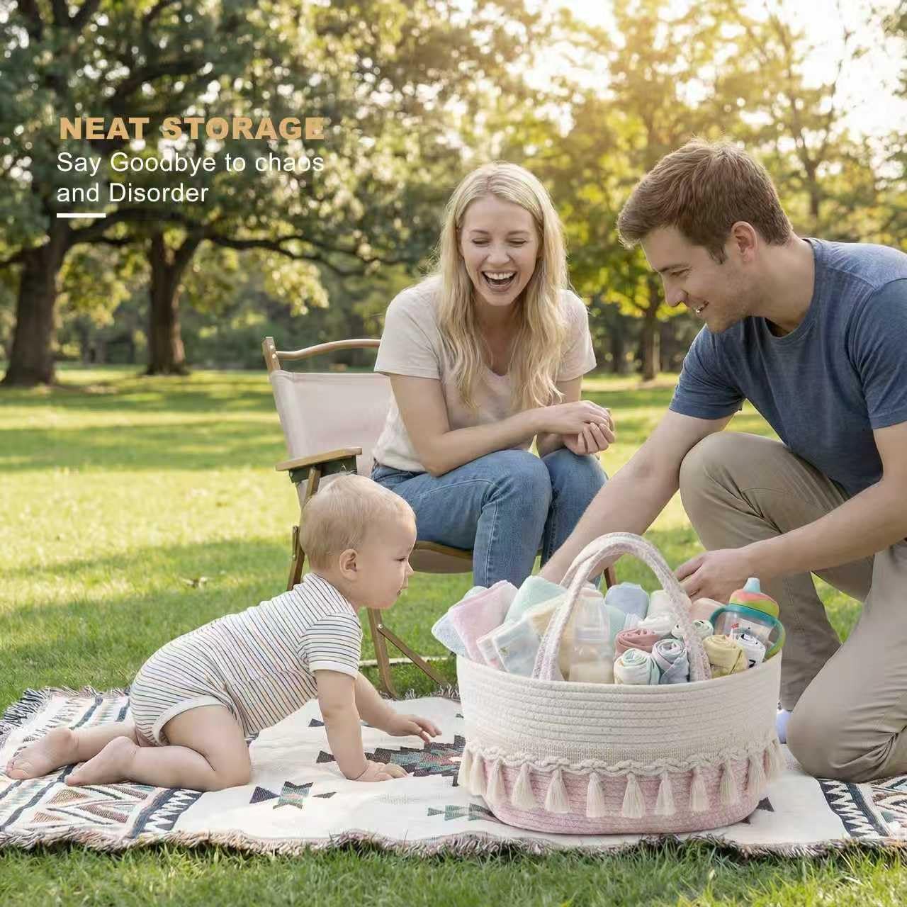 TUWEIPAIKE Organizador de pañales, elegante cesta de almacenamiento de guardería, cesta de baby shower con aspecto decorativo de borla, cesta de almacenamiento portátil adecuada para viajes familiares