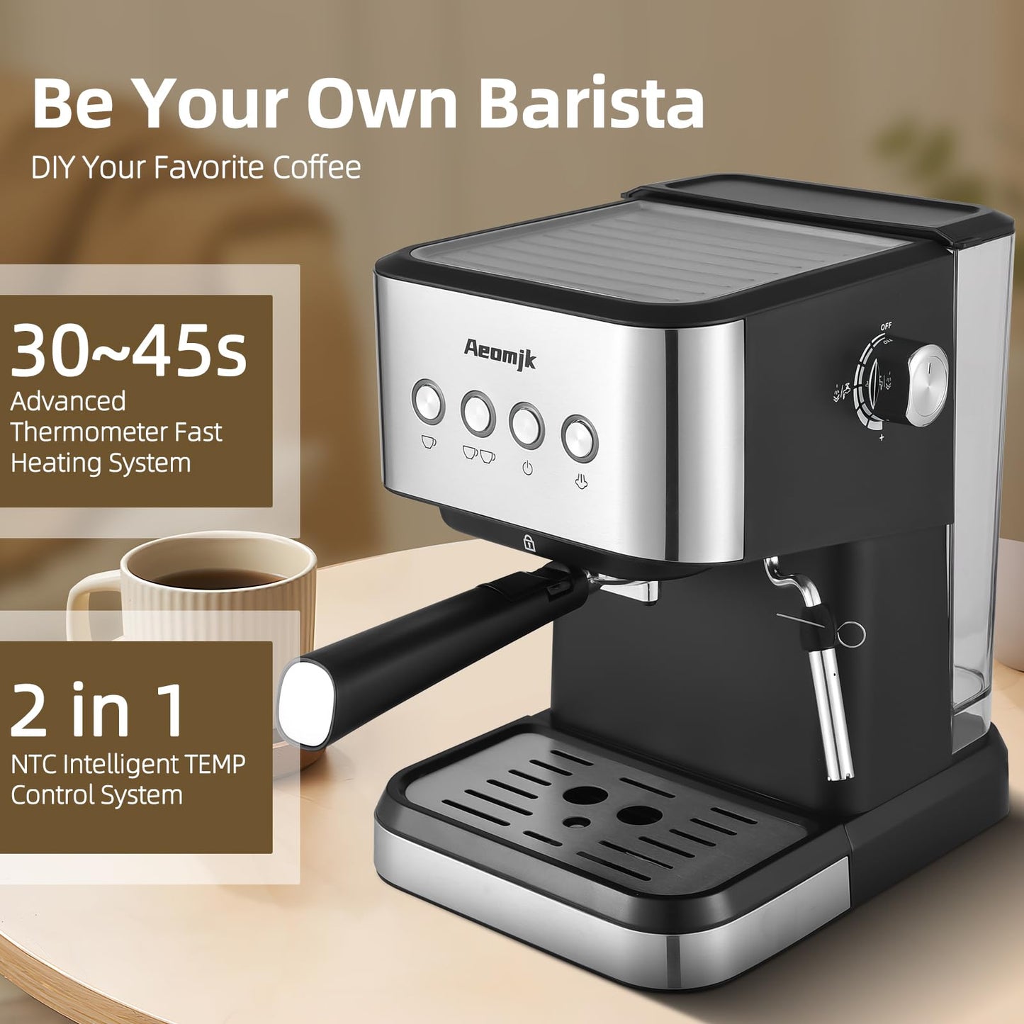 Feiniao 15Bar Máquina de Espresso Cafetera semiautomática multifunción de 1050W con vaporizador de leche, depósito de agua de 1.5L, Semi Cafetera Automatica para Capuchino, Latte y Macchiato