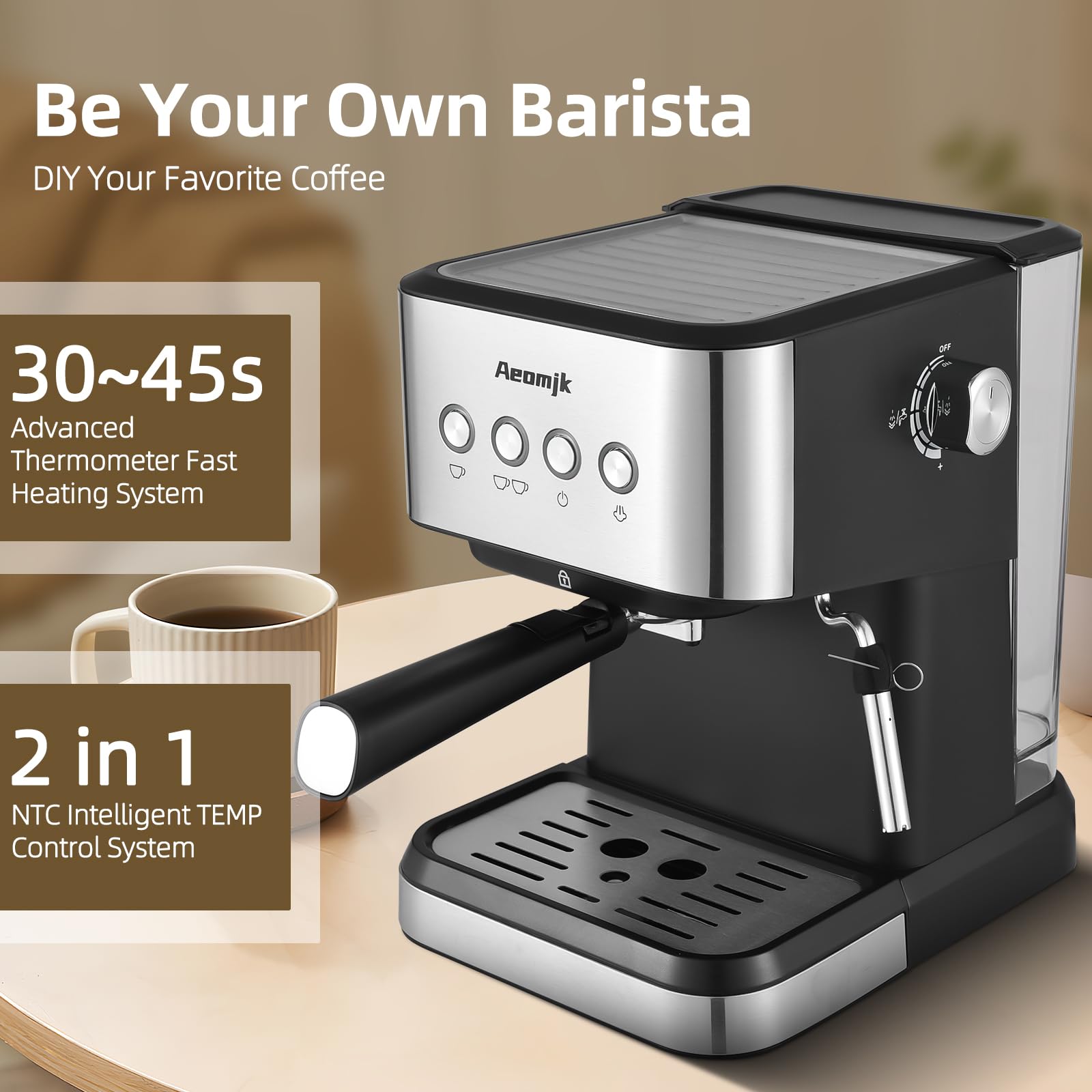 Feiniao 15Bar Máquina de Espresso Cafetera semiautomática multifunción de 1050W con vaporizador de leche, depósito de agua de 1.5L, Semi Cafetera Automatica para Capuchino, Latte y Macchiato