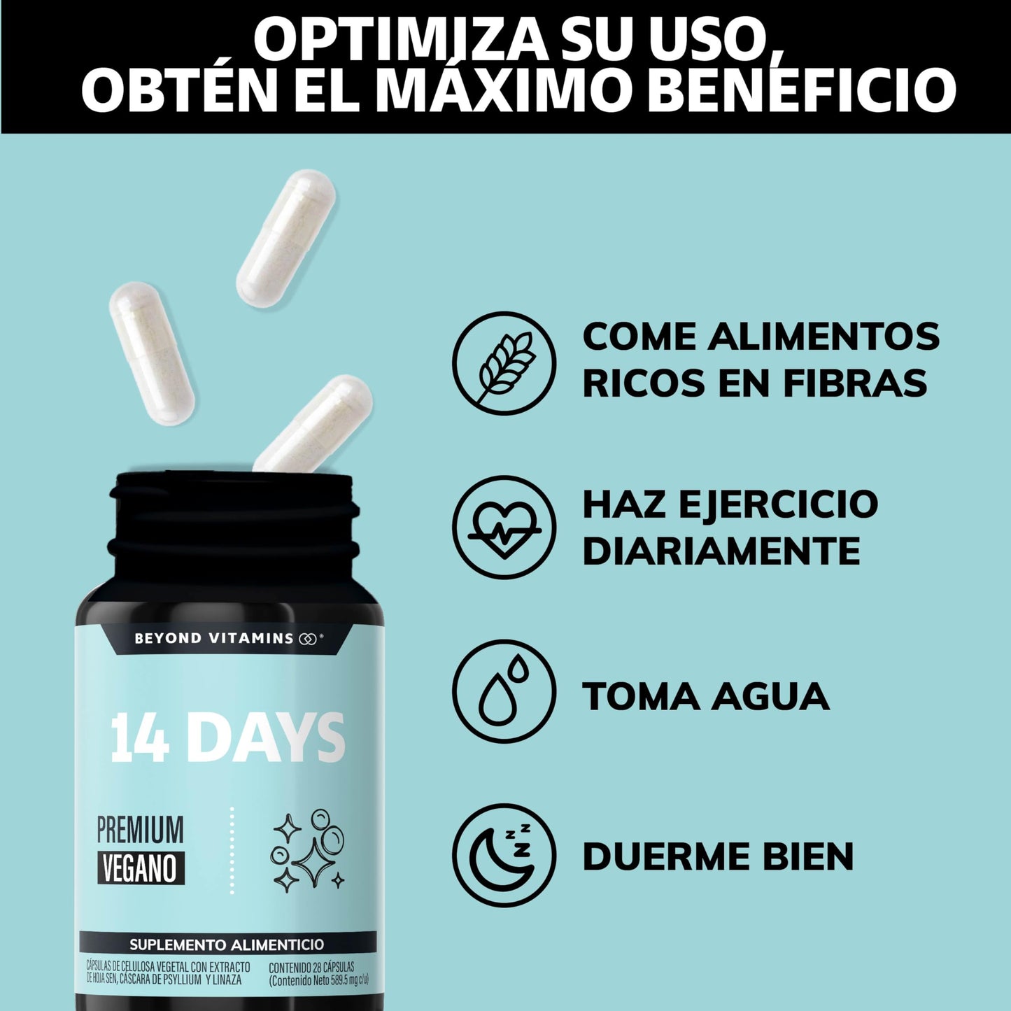 Beyond Vitamins | 14 Days | Avanzado para Hombres y Mujeres con Cascara Sagrada, Psyllium Husk, Hoja Sen & Probióticos | Vegano | 28 Capsules 1-2 cápsulas por día