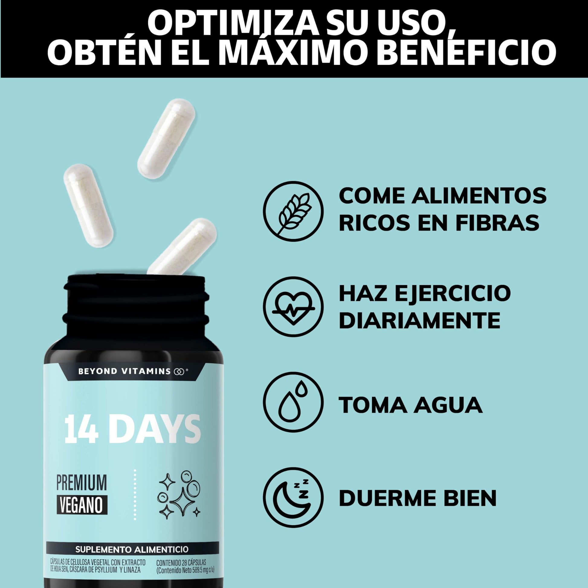 Beyond Vitamins | 14 Days | Avanzado para Hombres y Mujeres con Cascara Sagrada, Psyllium Husk, Hoja Sen & Probióticos | Vegano | 28 Capsules 1-2 cápsulas por día
