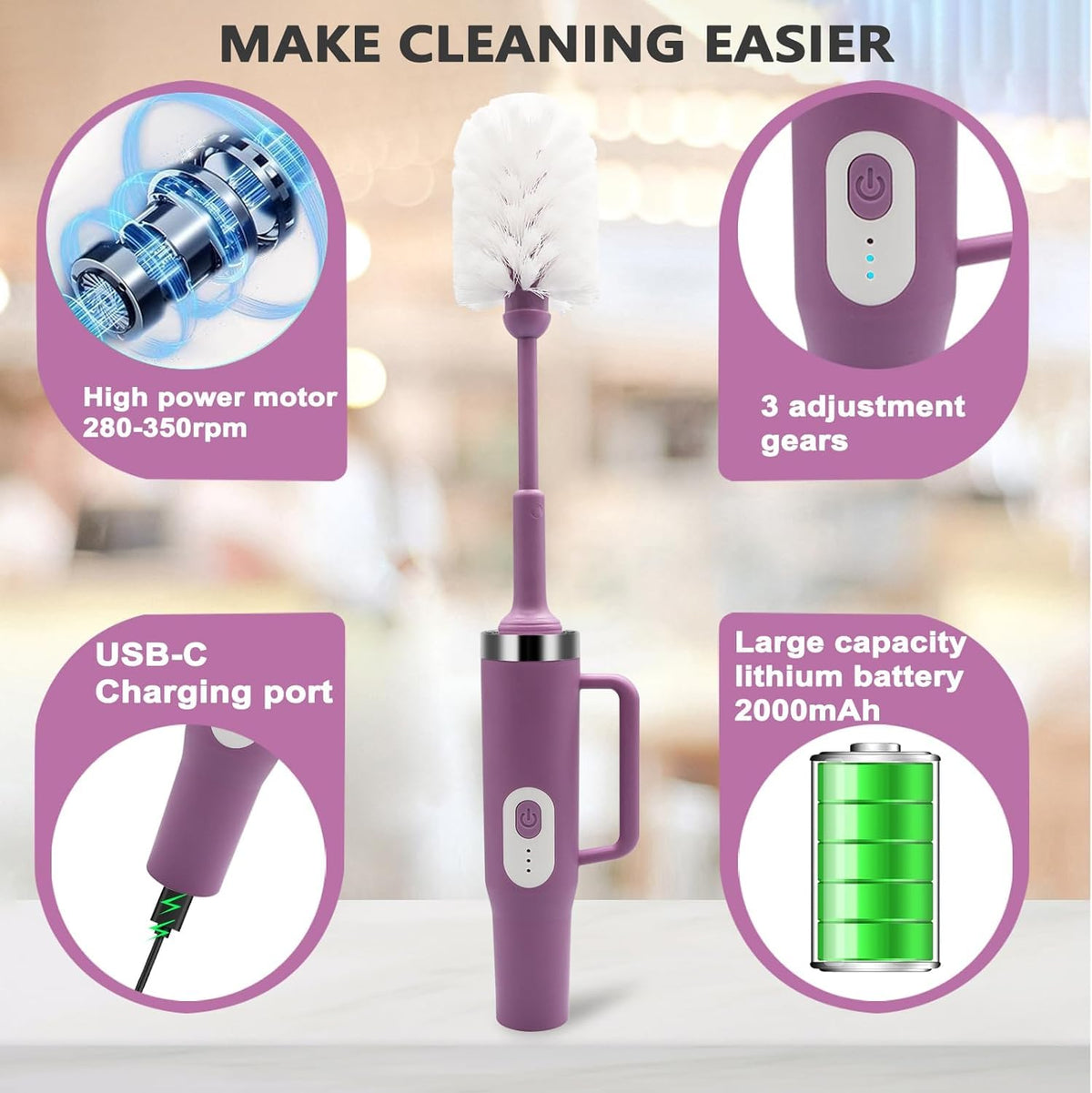 Limpiador eléctrico 4 en 1 compatible con el cepillo para polvo de botella Stanley, limpiador multifunción recargable, IPX6, impermeable, diseño extra largo para Stanley Cup, botella deportiva y más