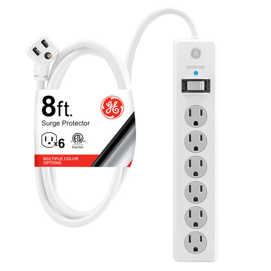 GE 6-Outlet Surge Protector, 8 Ft Extension Cord, Power Strip, 800 Joules, Flat Plug, Twist-to-Close Safety Covers, Protected Indicator Light, UL Listed, White, 67044