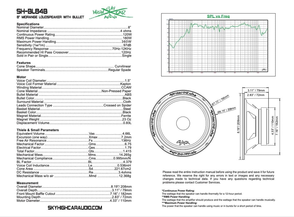Sky High Car Audio SH-BL84B - Altavoz de rango medio (altavoz único)