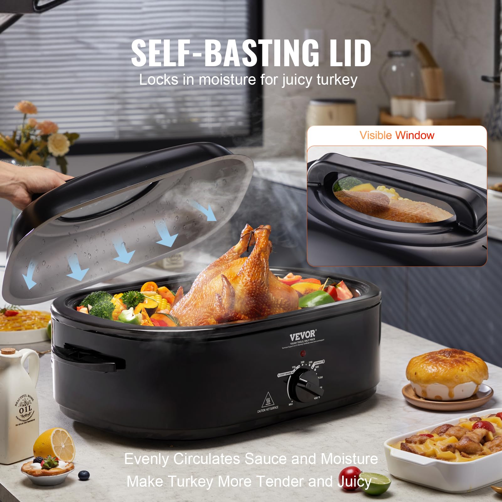 Horno Tostador Eléctrico VEVOR Negro Vidrio Templado 20 Cuartos 1450 W