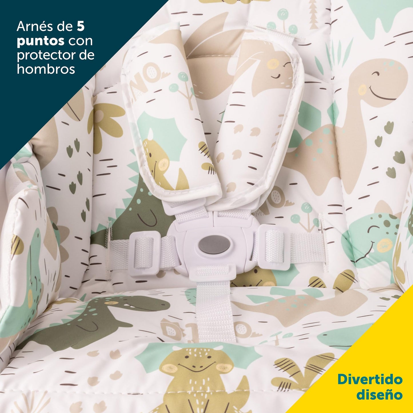Safety 1st Silla Alta Periquera Tavola, Dinosaurios, 7 posiciones de altura, 3 de reclinación, reposapiés ajustable, doble charola, plegado compacto.