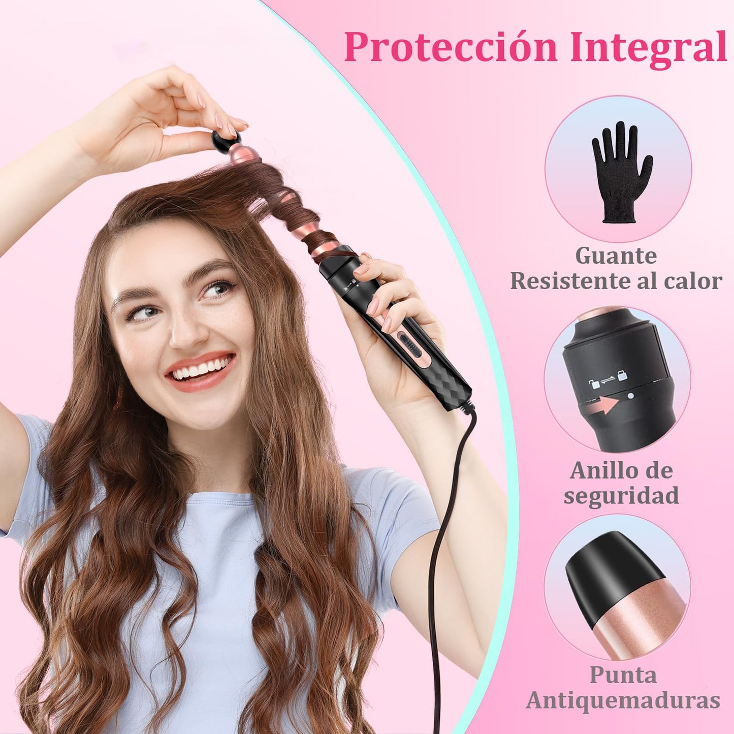Rizador de Cabello 4 en 1 con Cepillo y Accesorios - Varillas de Cerámica Ajustables para Peinado Rápido y Fácil de Cabello Largo y Corto - Calentamiento Instantáneo - Herramientas Profesionales de Peinado