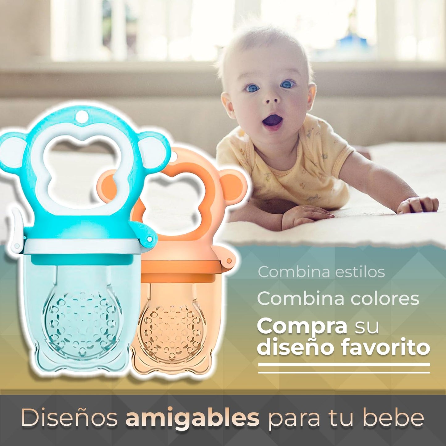 Chupones alimentadores para frutas y papillas con tapa libre de bpa, dibujos animados, 4m+ 2 piezas (monkey azul y monkey naranja)