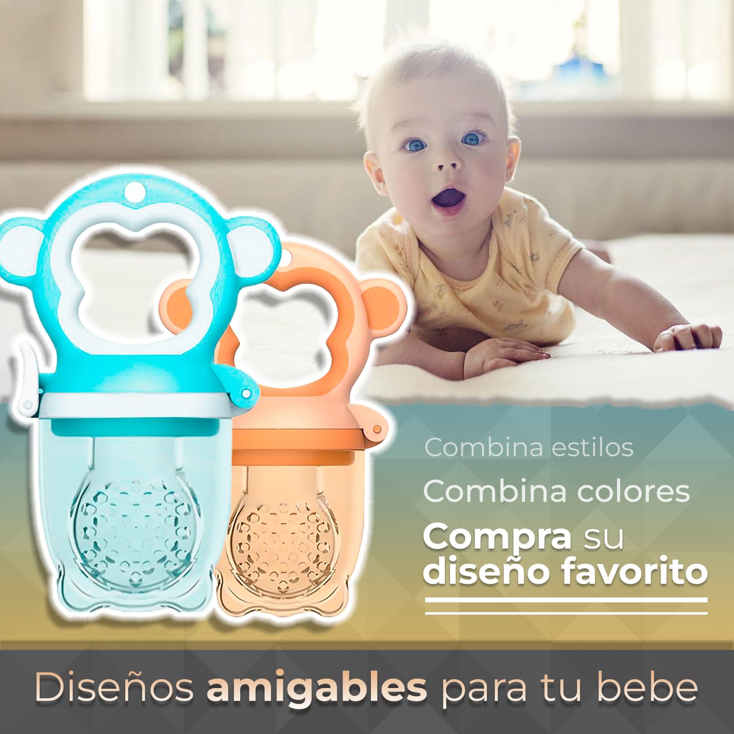 Chupones alimentadores para frutas y papillas con tapa libre de bpa, dibujos animados, 4m+ 2 piezas (monkey azul y monkey naranja)