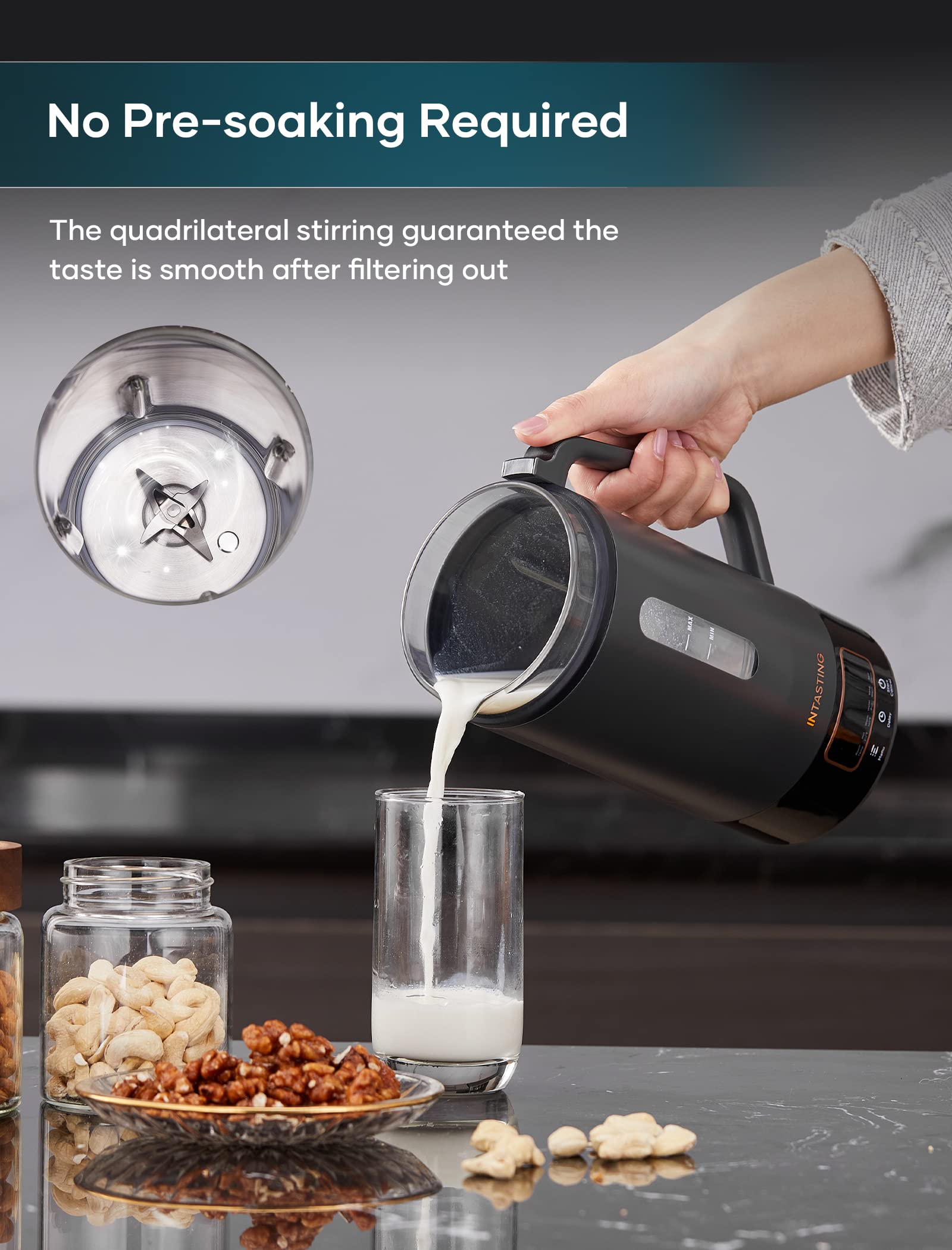 INTASTING - Máquina automática de leche de nueces, interior de vidrio, almendras caseras, avena, etc., máquina de leche de soja con 6 preestablecidos, mantiene caliente, retrasa, hervir agua, mezcla, autolimpiable, protección contra ebullición y seco, fác