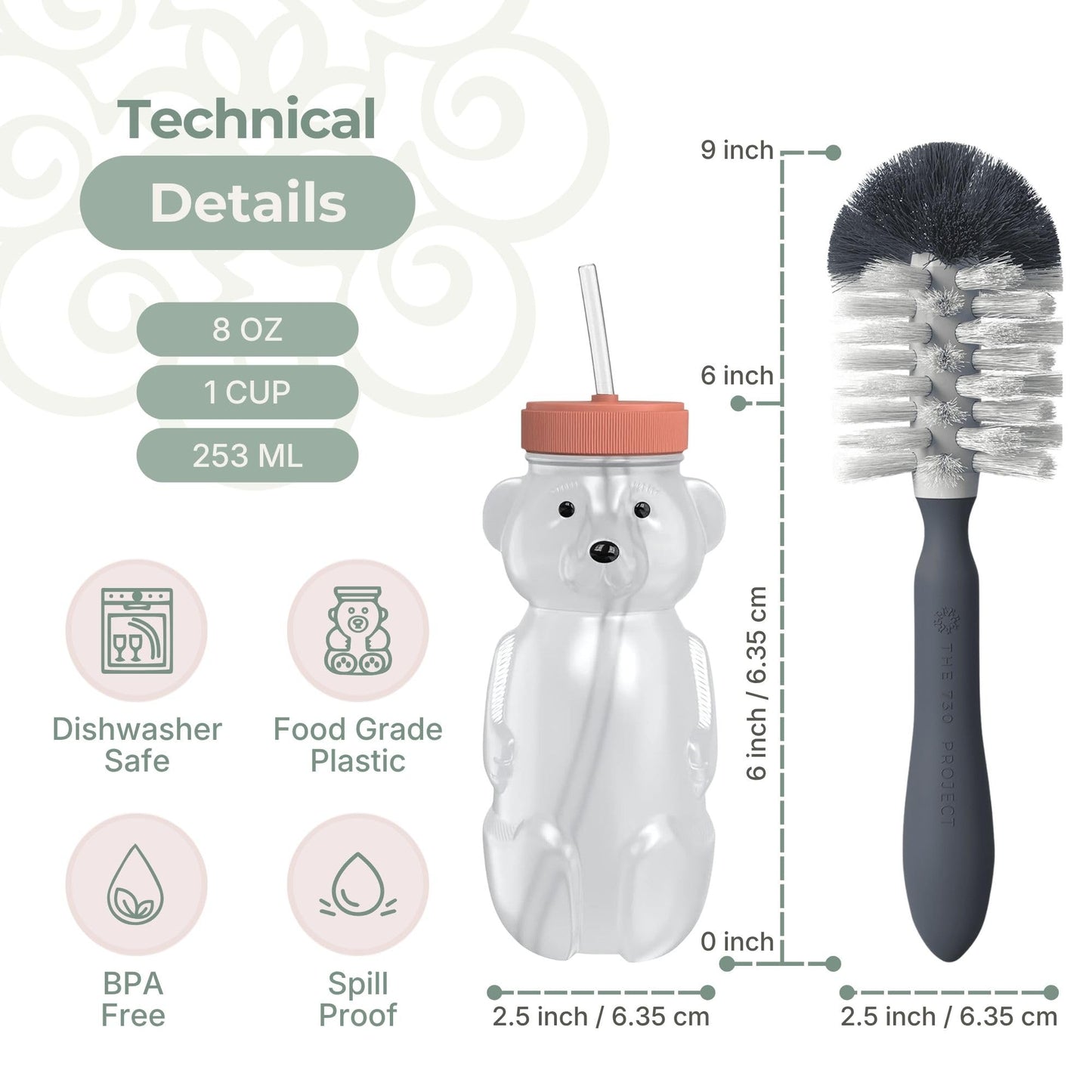 The 730 Project Honey Bear - Taza de paja para bebés, 8 onzas con cepillo para polvo para botella, paquete de 2 tapas mejoradas, terapia de aprendizaje de oso de miel para pastel de arándanos y