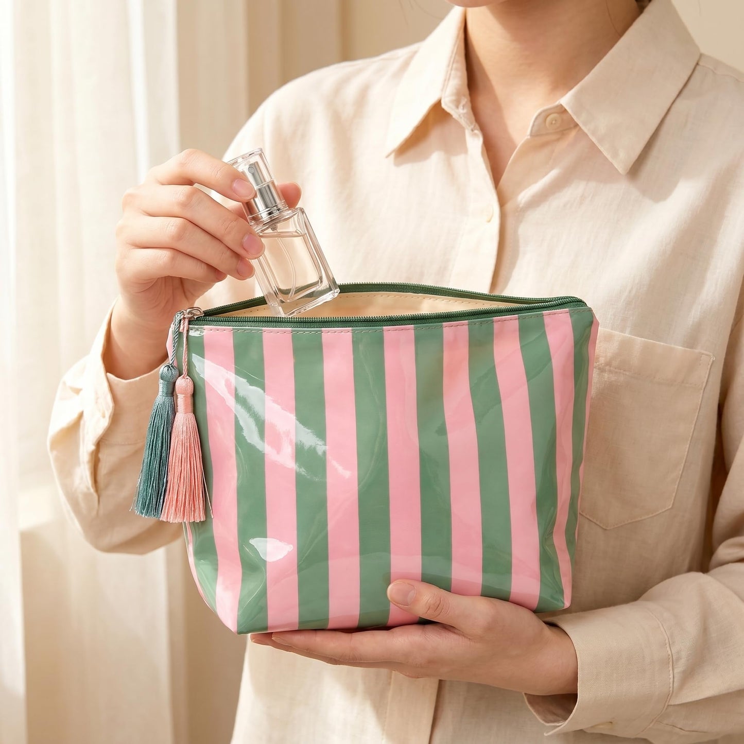 LDWZAX - Bolsa de maquillaje a rayas: bolsa impermeable para cosméticos con cierre, organizador de artículos de cambiador de viaje grande, lona y bolsa de PVC transparente para azulejos Mahjong (rosa