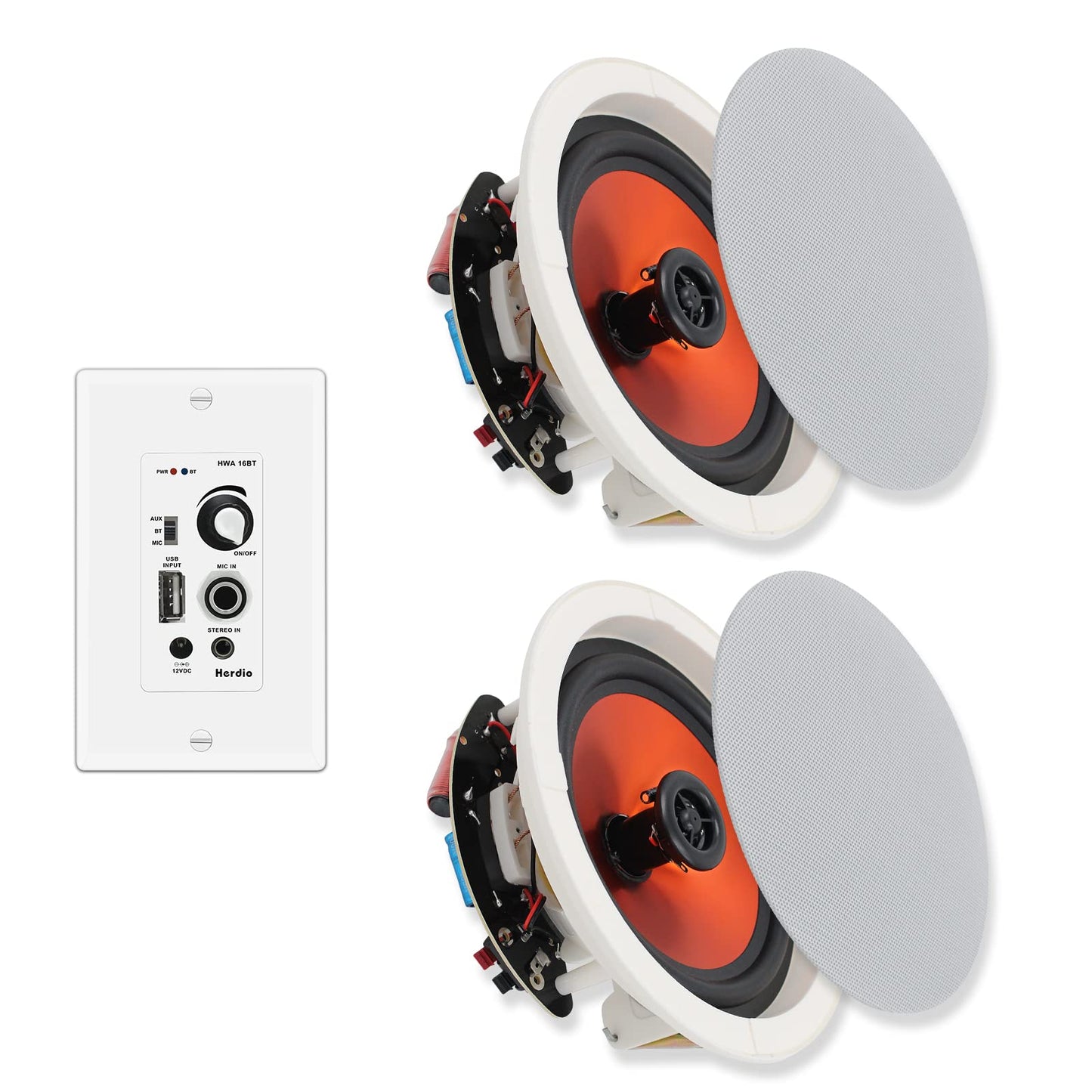 Herdio Paquete de Audio para el hogar con Control de Pared Compatible con Bluetooth Amplificador Receptor con Altavoces de Techo de 300 W de 6.5 Pulgadas, Perfecto para Cine en casa, Oficina
