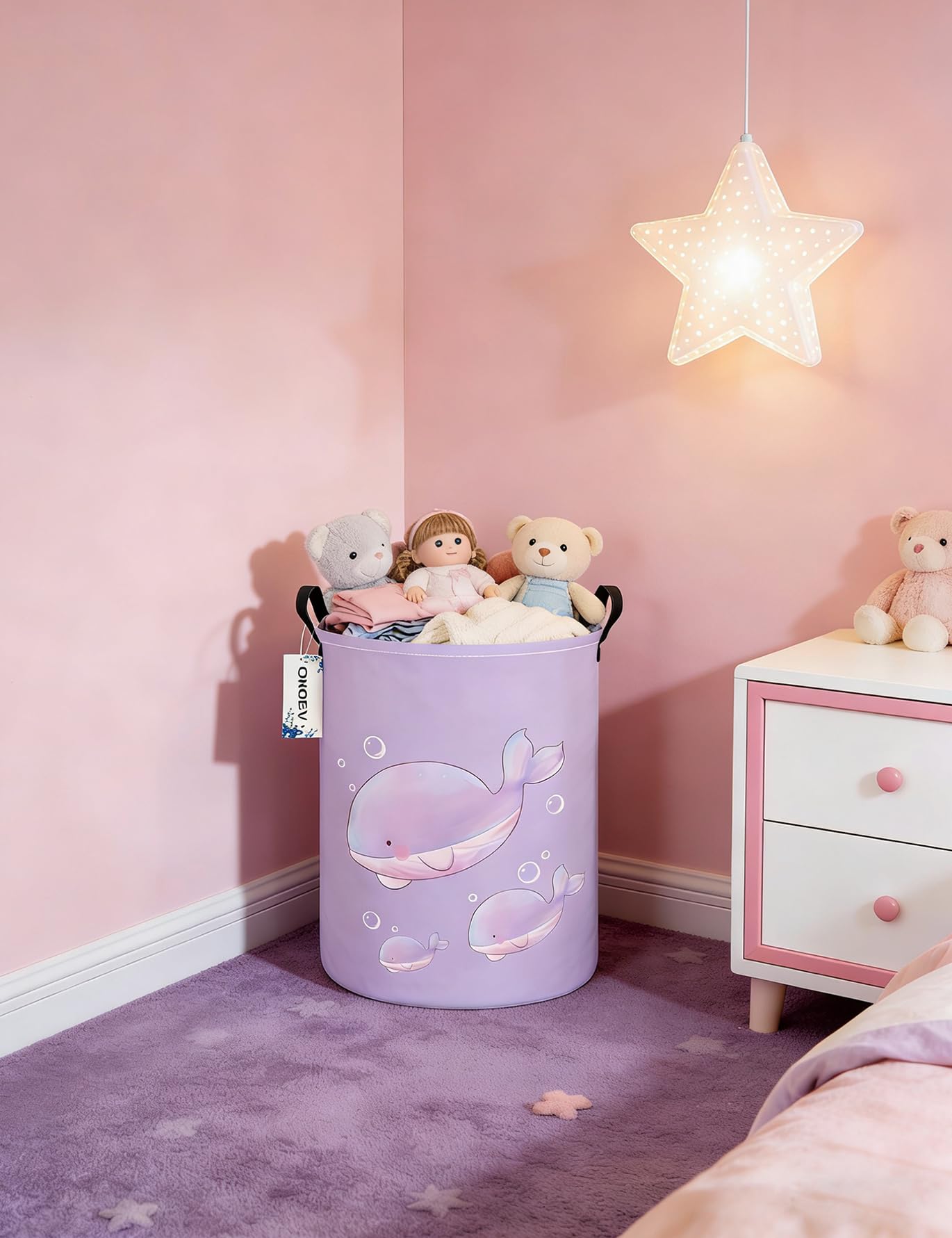 ONOEV Cesta de Almacenamiento Redonda y Plegable para niñas, Cesta de Ropa Sucia para niños, Cesta de Regalo Morada, Ideal para decoración del hogar y Almacenamiento de Juguetes (Ballena Morada)