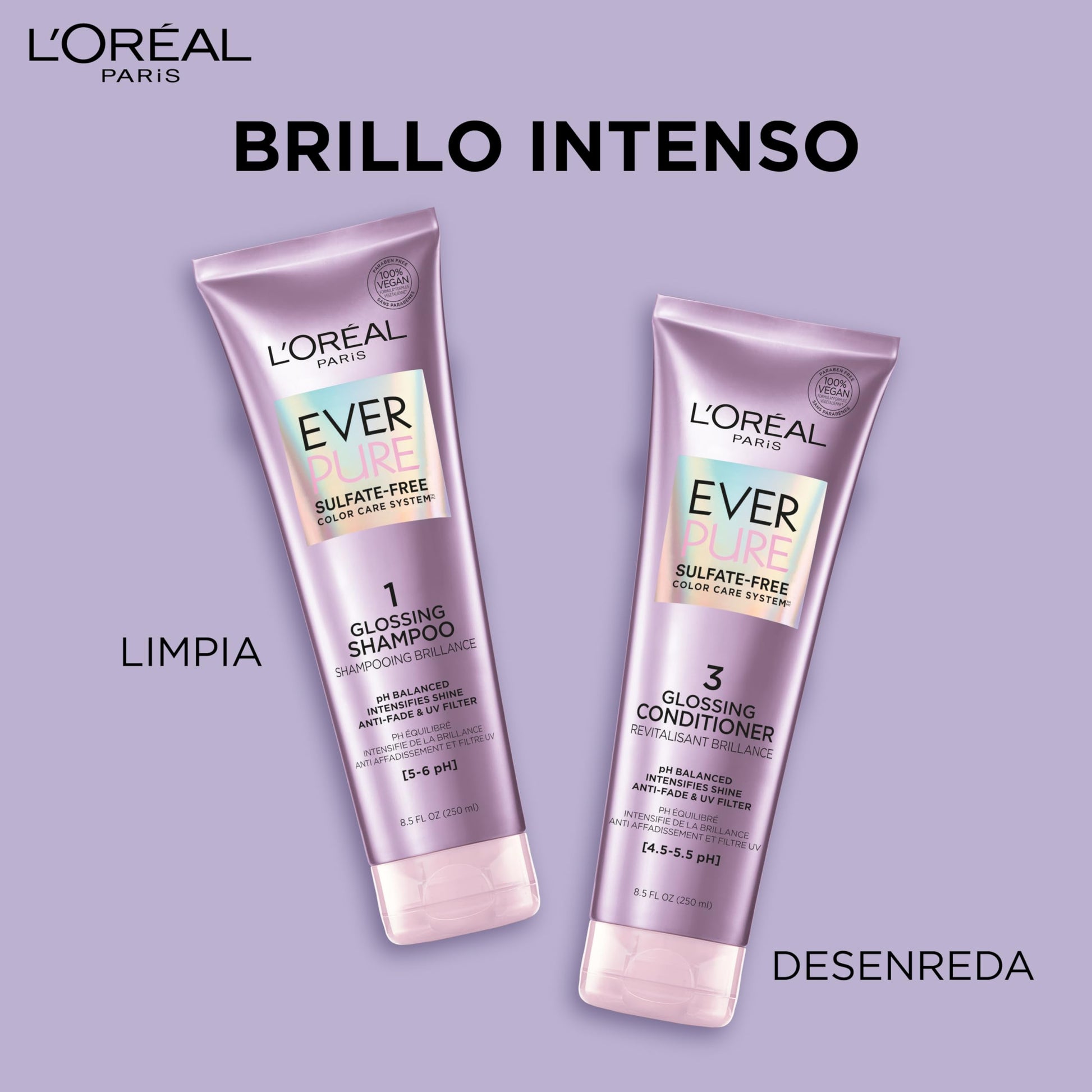 L'Oréal Paris Shampoo con Ph balanceado Ever Pure Glossing controla aporta brillo intenso para todo tipo de pelo teñido Sin Sulfatos, 250ml