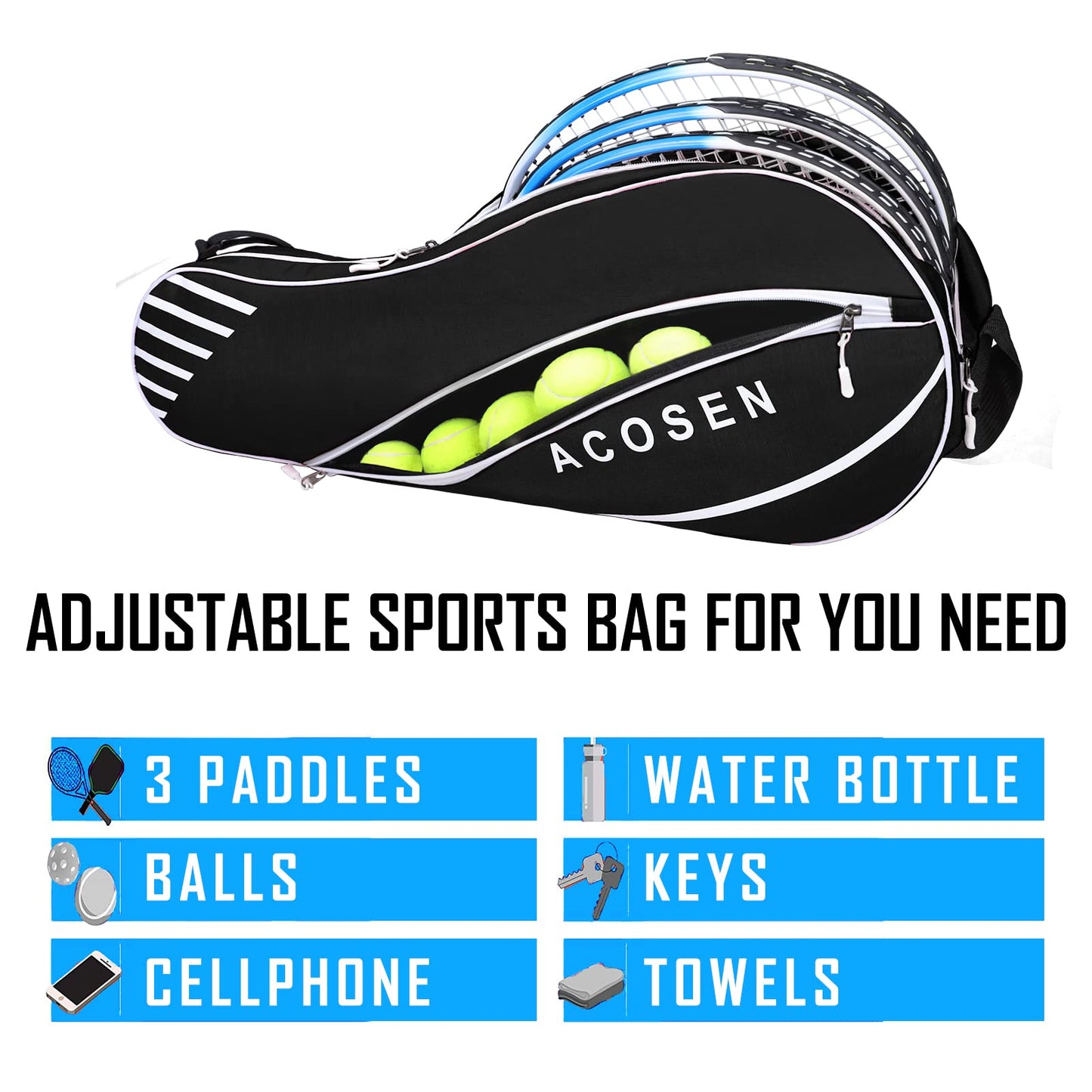 Bolsa de Tenis ACOSEN Negra con Almohadilla Protectora para Mujer y Hombre