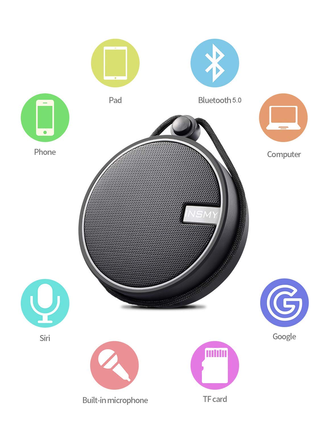 INSMY C12 IPX7 Waterproof Shower Bluetooth Speaker, Portable Small Speaker, Speakers Bluetooth Wireless Loud Clear Sound, Support TF Card Suction Cup for Outdoor Kayak Canoe Beach Pool Gift