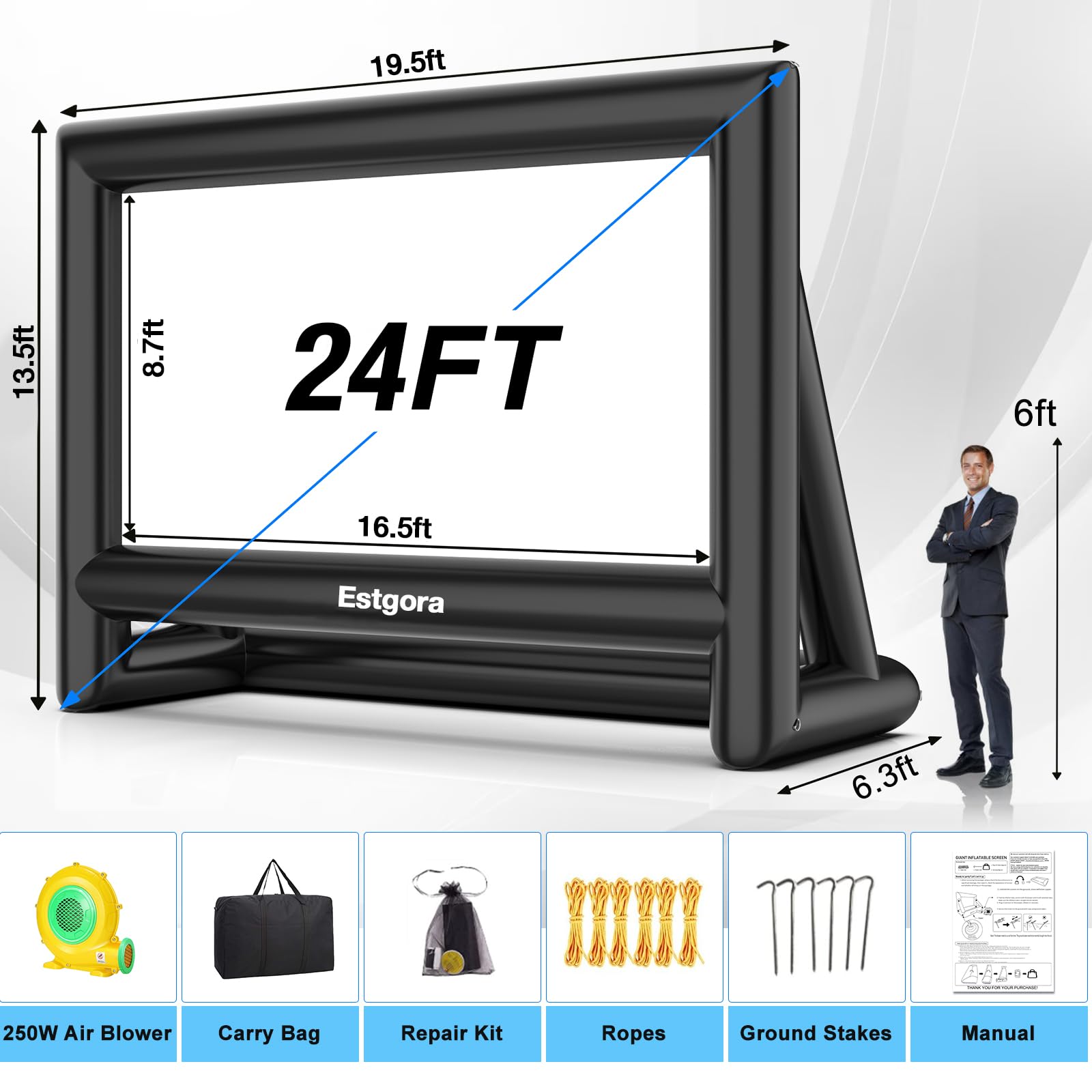 visualización de proyector inflable para exterior de 24 pies, proyección frontal y trasera al aire última intervensión con soplador de aire, lo mejor para noches de cine en piscina, patio, fiesta,