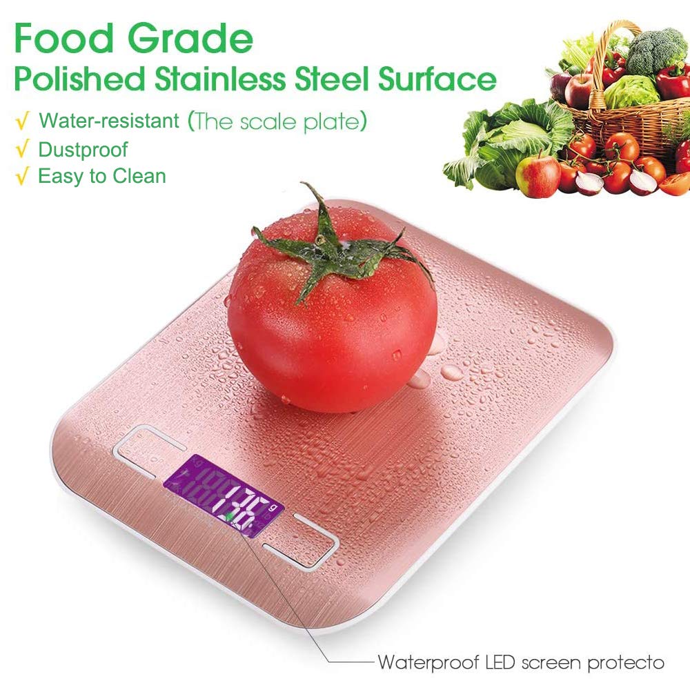 Báscula de Cocina con Carga USB Recargables 5kg / 11 lbs Peso Cocina Digital Balanza Alimentos de Acero inoxidable con Pantalla LCD Función de Tara (rosa)