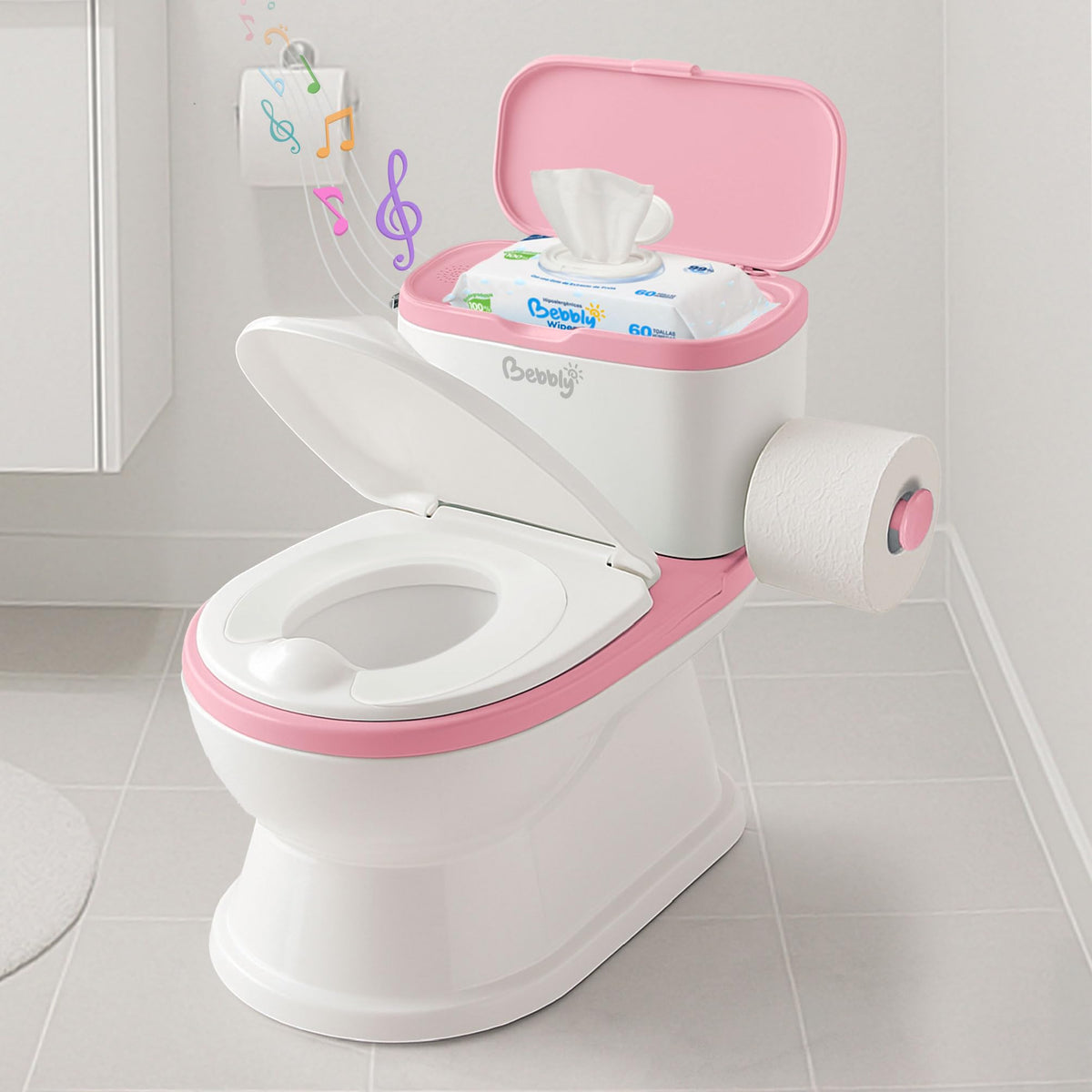 BEBBLY Bañito Entrenador Infantil con Sonido Musical Portarrollo y Almacenamiento Asiento Antiderrapante para Niños y Niñas de 6 Meses a 3 Años Fácil de Limpiar Ideal para Aprender a Ir al Baño (Rosa)