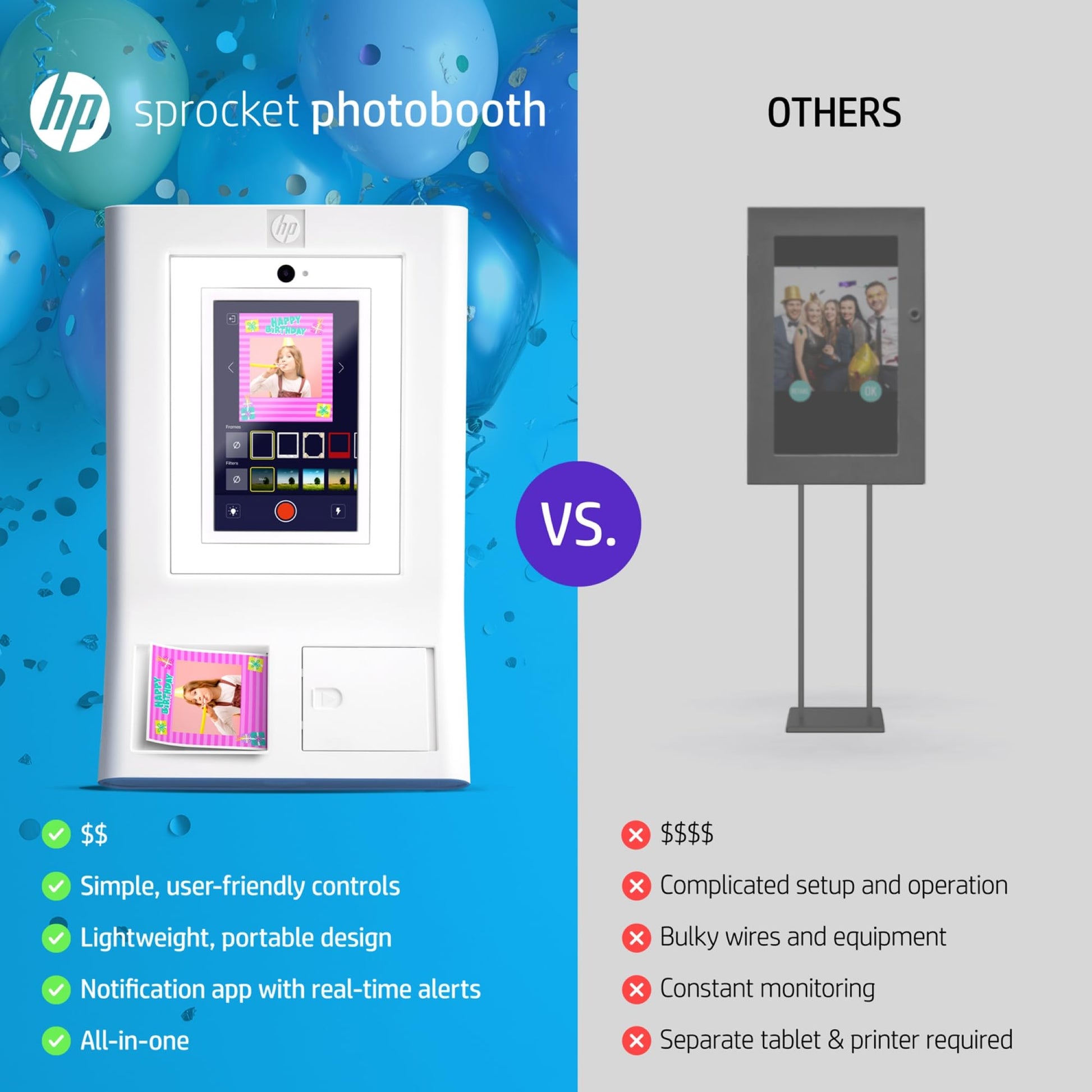 HP Sprocket Photobooth 3x4 Colour Photo Printer (White) – 250+ Frame, Zink Paper, WiFi, LED Ring Light, Touch Screen & Mobile App.