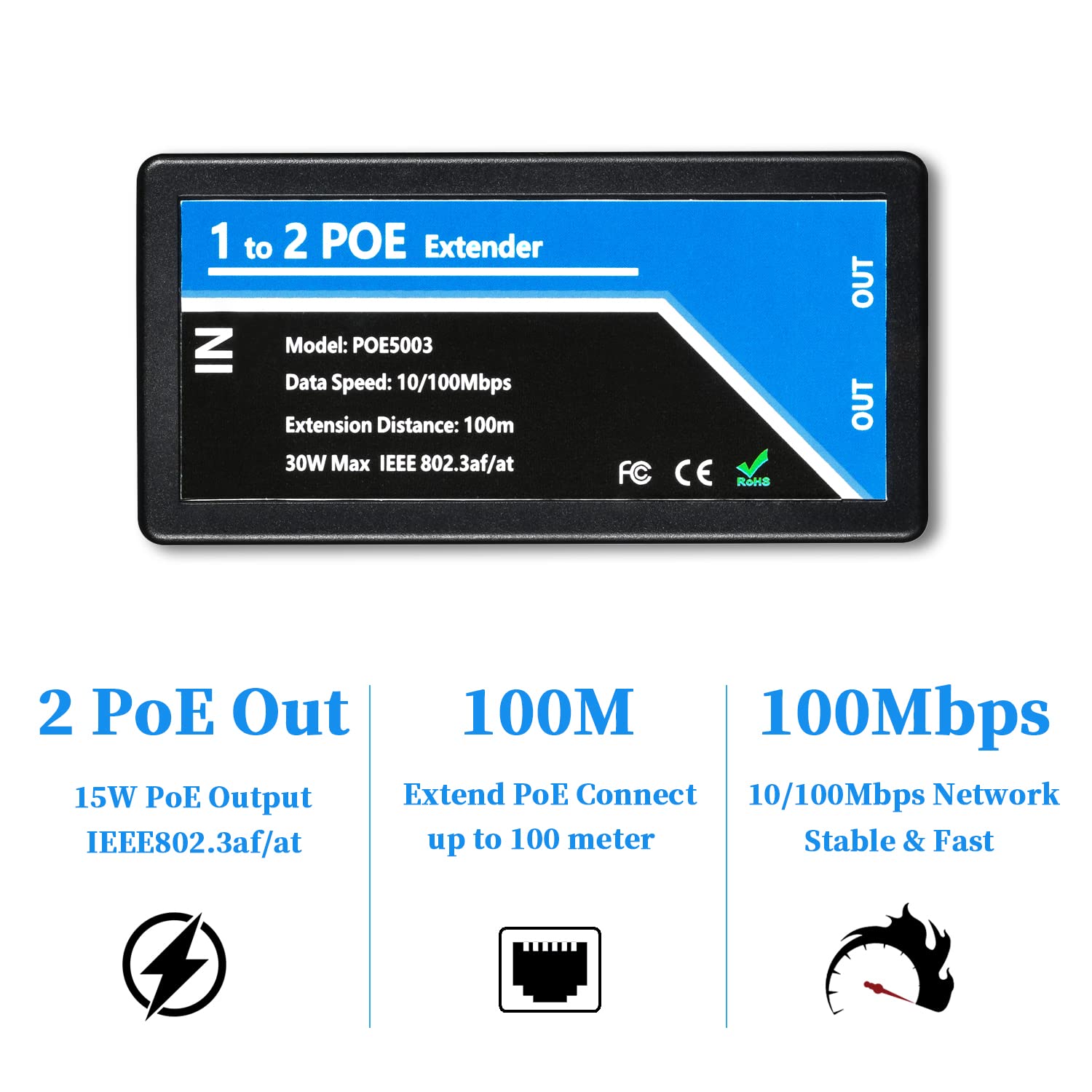 RevoTech - Extensor PoE de 2 Puertos PoE+ repetidor de 100 Metros (336 pies) Extensor 1 en 2 Salida Cumple con IEEE 802.3af/at estándar 10,100 Mbps para cámara PoE de Seguridad sobre Cables Cat5/Cat6
