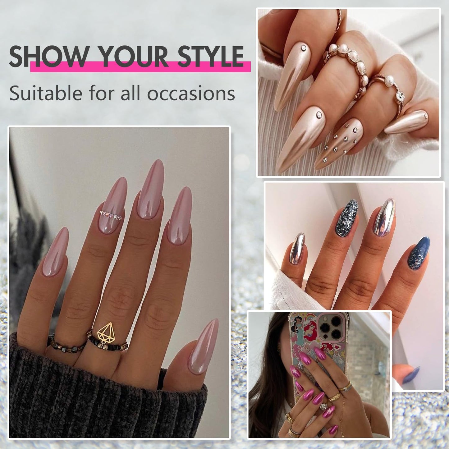 SXVME Uñas postizas de color marrón cromado, almendradas, esmaltadas, con purpurina brillante, acrílicas, reutilizables, con pegamento, para mujer, 24 unidades