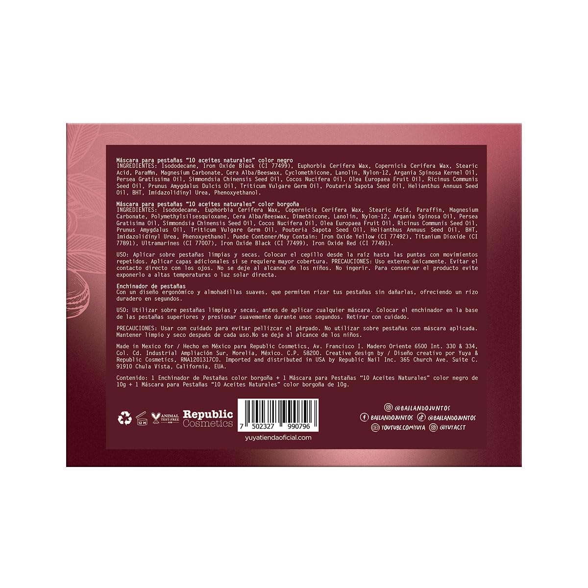 YUYA Alta Frecuencia Kit Enchinador de Pestañas Borgoña + Máscara Negra y Borgoña con 10 Aceites Naturales a prueba de agua - Efecto Alargamiento, Volumen, Curvatura y Definición - Cepillo de Silicón, Rizado Profesional, Larga Duración