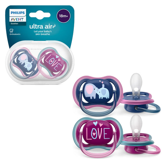 Chupón Ortodóntico Philips Avent Morado Ultra Air con Caja Esterilizadora 18 m+ 2 pzs
