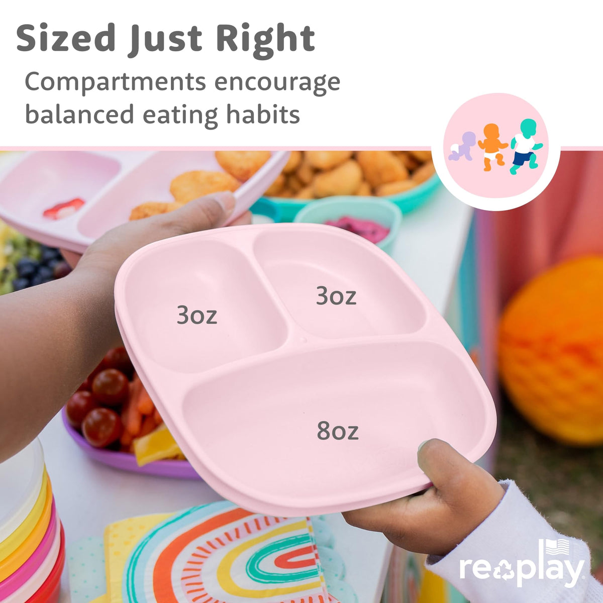 Re-Play - Juego de vajilla para niños pequeños, 3 platos divididos, 3 cuencos de aperitivos y 3 juegos de tenedor y cuchara, vajilla para niños sin BPA, apto para lavaplatos, fabricado en Estados