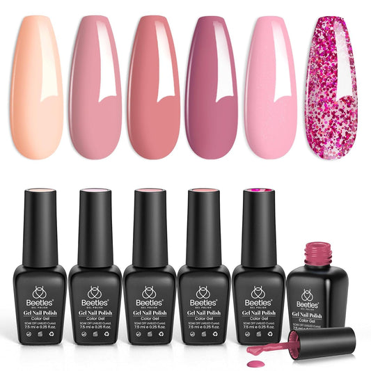 Kit de esmalte de uñas de gel Beetles, 6 colores, colección de confeti rosa, juego de esmalte de uñas de gel pastel con purpurina rosa nude clásico, esmalte de uñas en gel con LED UV, kit de manicura para regalo