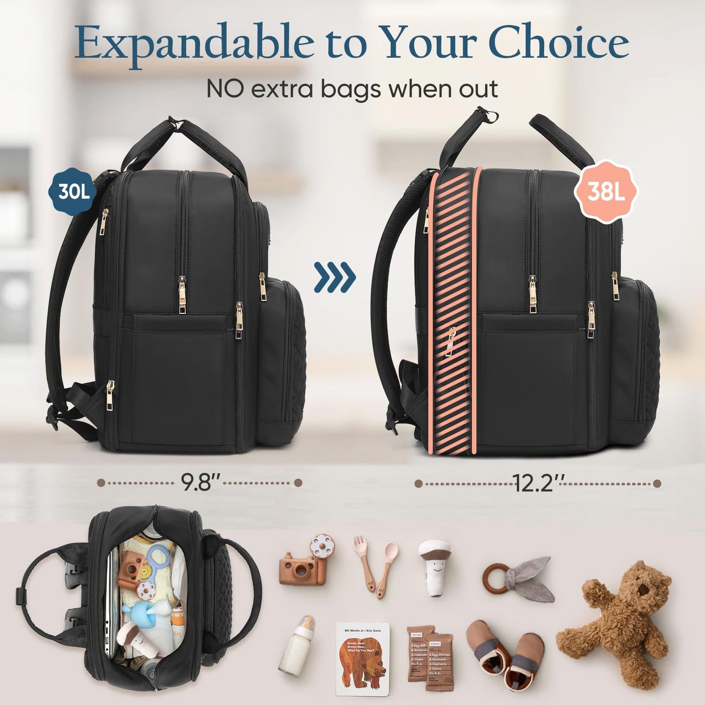 Qualyphant - Mochila de pañales extra grande para 2 niños gemelos (Expandible de 30-38L) - Mochila de viaje para bebé con cambiador para mamá o papá (Acolchada, resistente al agua, color negro)