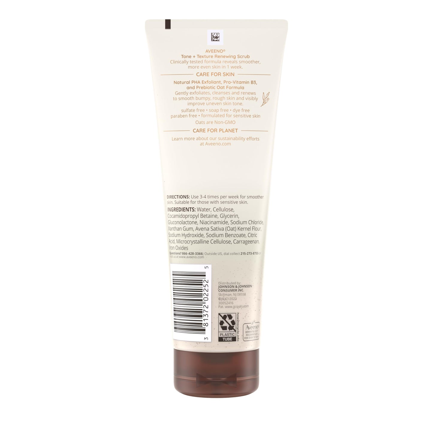 Aveeno Tone + Texture Renewing Body Scrub, Exfoliating Body Wash to Reveal Smoother Skin and a More Even Skin Tone, Prebiotic Oat Formula for Sensitive Skin, Fragrance-Free, 8 oz
