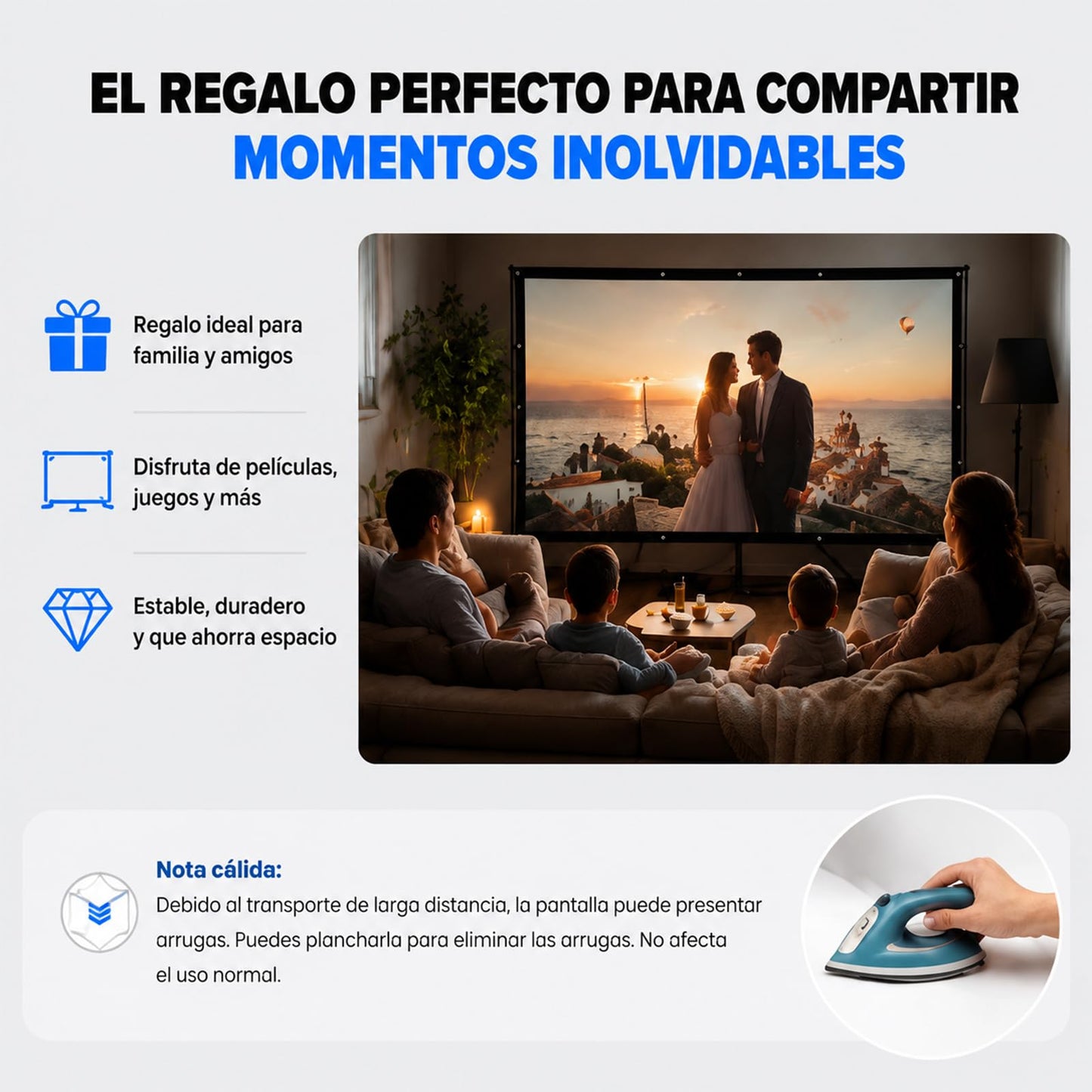UDUEUD Pantalla para Proyector de 100 Pulgadas，Pantalla de Proyección de Alta Definición 4K，Soporte de Acero Mejorado, con Soporte, Proyección Doble Cara, para Hogar, Exterior, Bodas y Reuniones