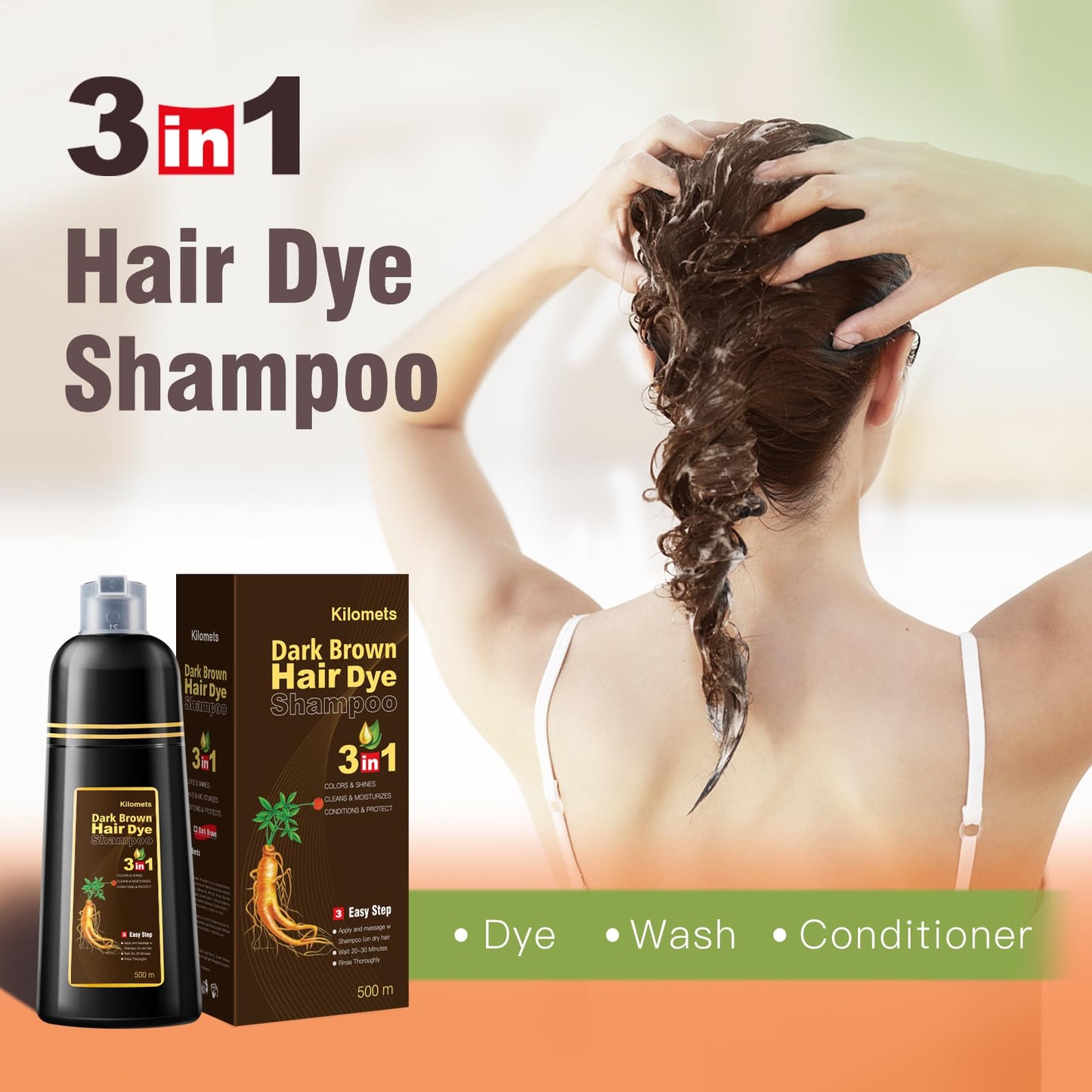 KILOMETS Champú para teñir el cabello/ Tintes Para El Cabello-Champú para teñir el cabello de castaño oscuro para mujeres-Cobertura de canas-Coloración instantánea con ingredientes herbales suaves-Larga duración-Sin amoníaco 500ML