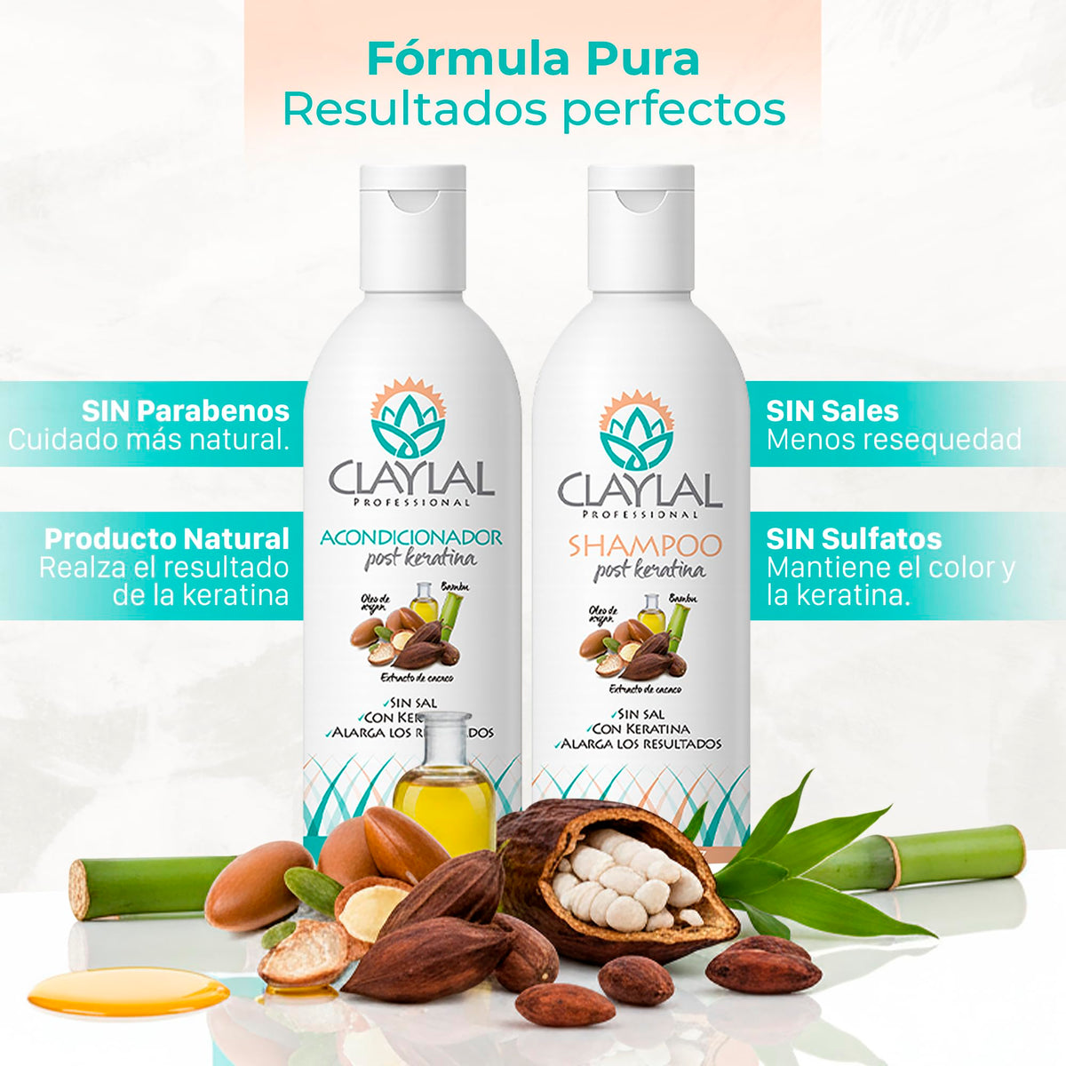 Claylal Professional | Shampoo y Acondicionador Post keratina 250ml c/u | Sin Sal | Tratamiento Post Alaciado con Cacao, Bambú y Aceite de Argán | Hidrata, Repara y Prolonga el Alaciado
